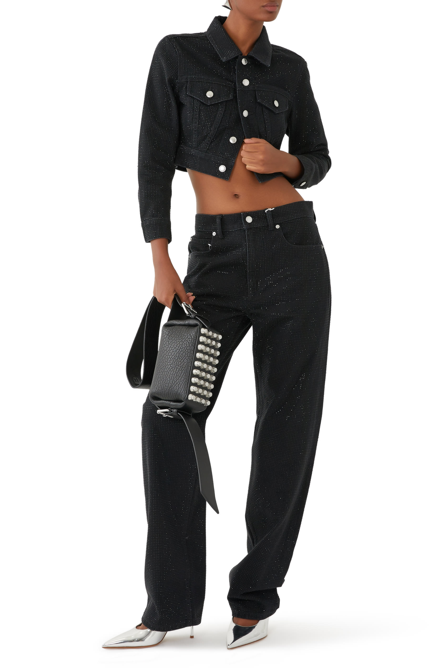 جاكيت تراكر دنيم مجعد مرصع بكريستال مثبت حراريا