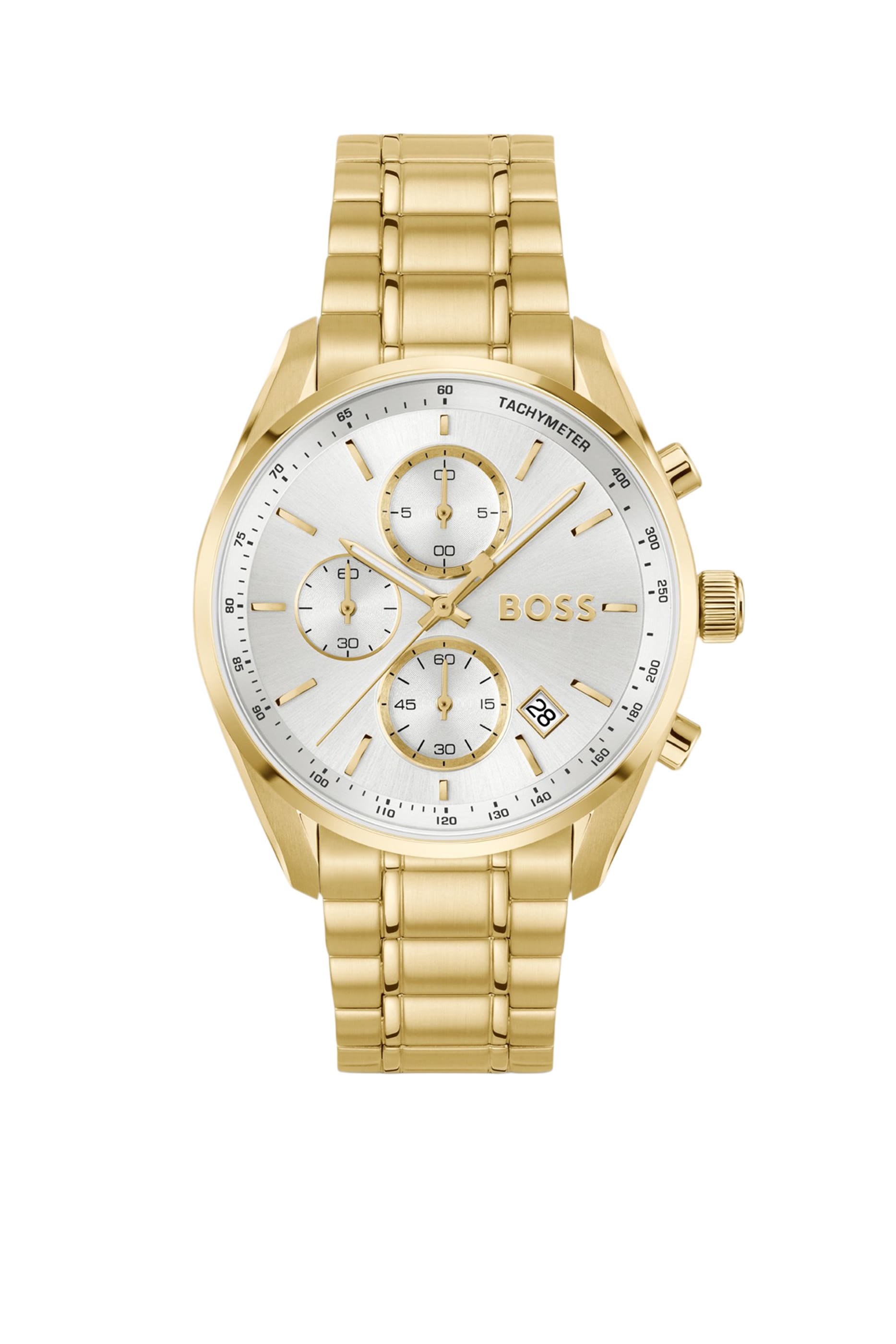 ساعة كرونوغراف بلون ذهبي ومينا باللون الأبيض الفضي