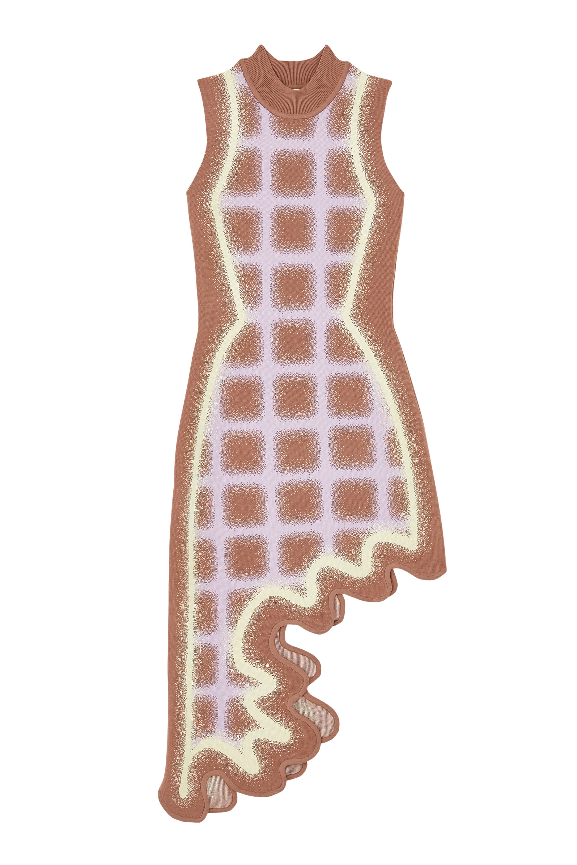 فستان متوسط الطول بنقشة مربعات وتفاصيل مموجة