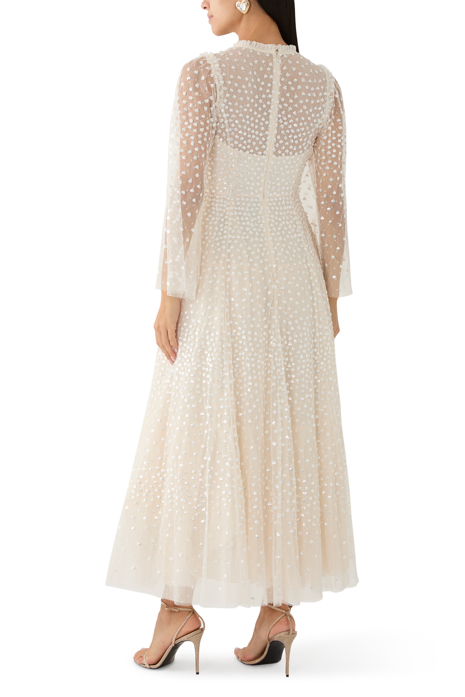 فستان سهرة بياقة مستديرة ونقشة خطوط متناثرة بطول الكاحل