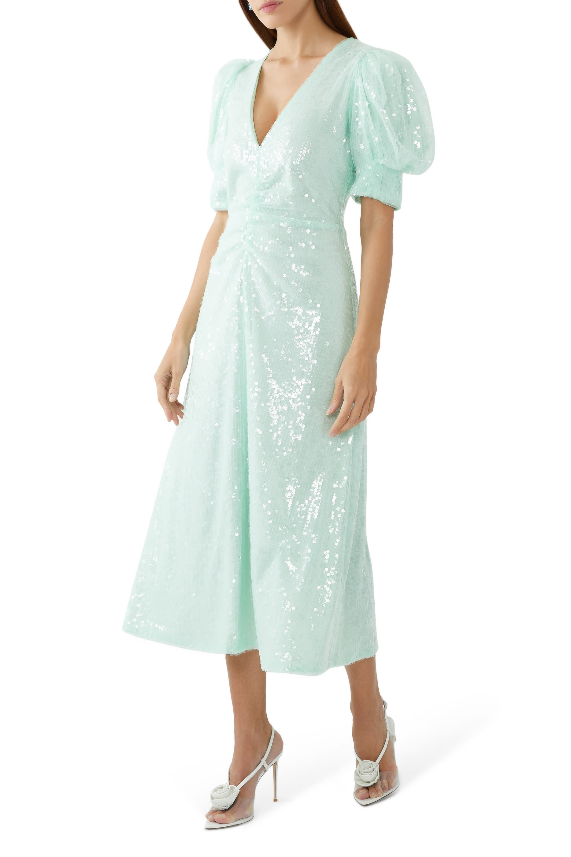 فستان متوسط الطول بياقة V وترتر