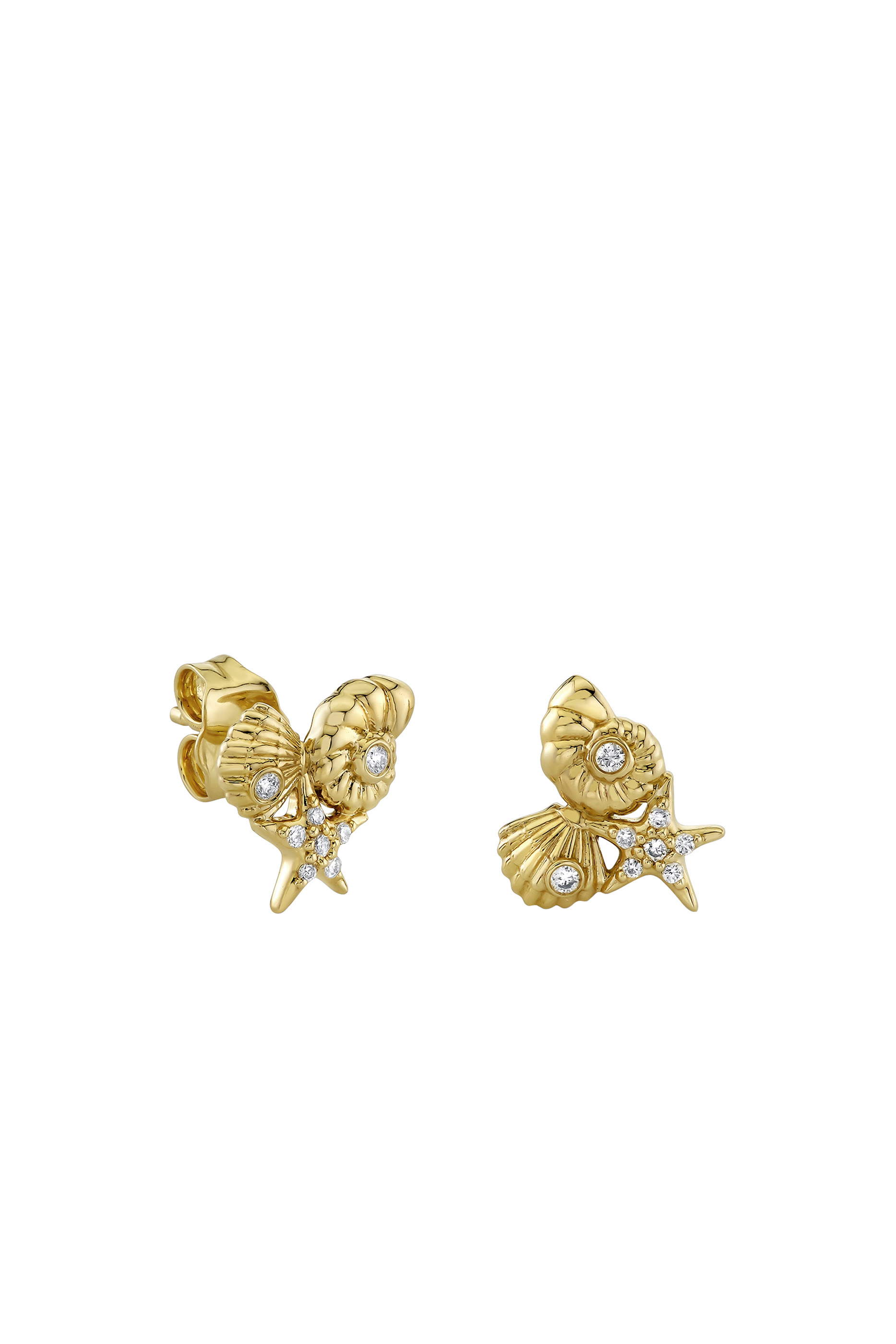 قرط منفرد بتصميم أصداف مرصع بالماس ذهب أصفر عيار 14