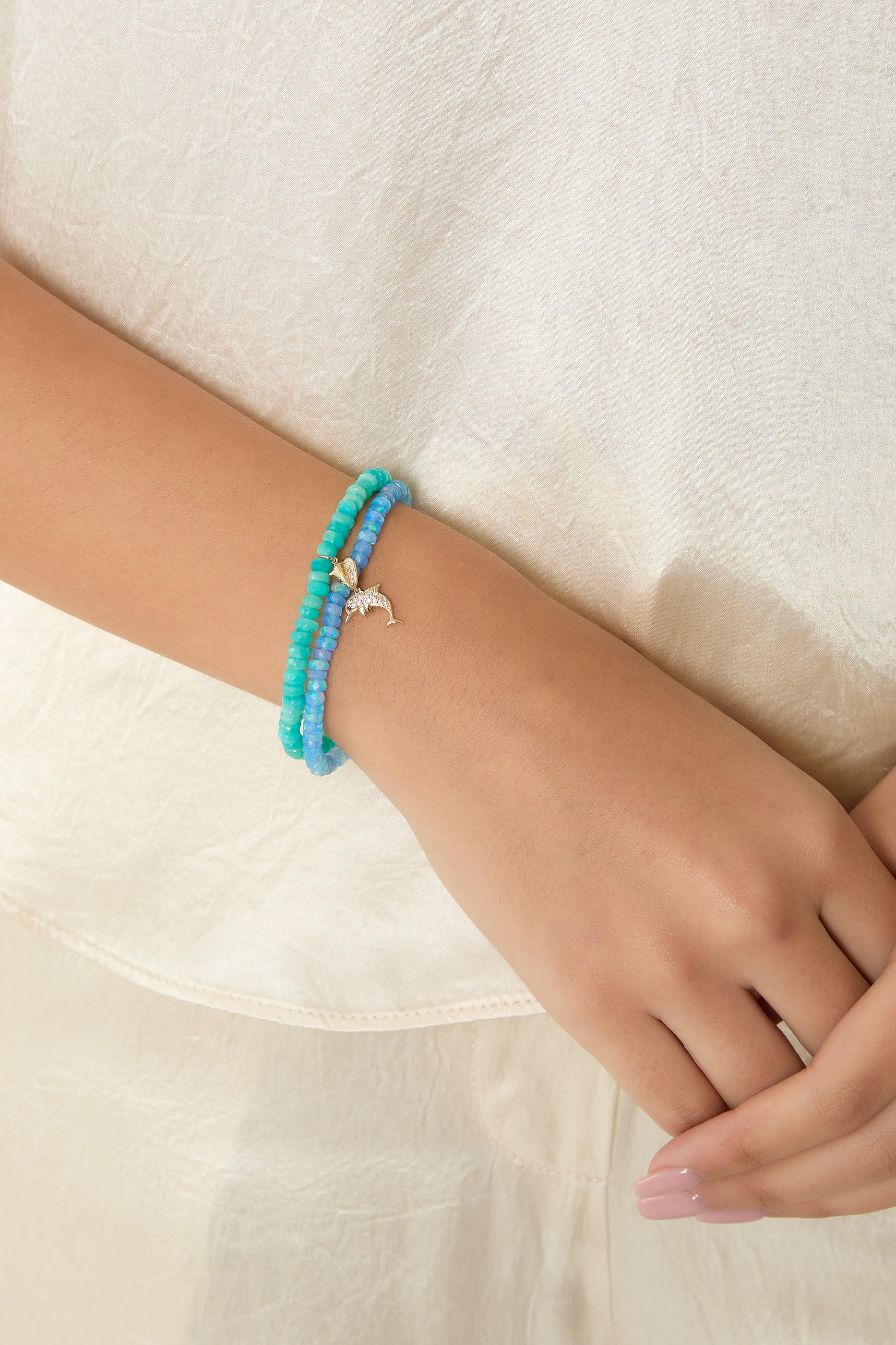 Dolphin Charm Beaded Bracelet, 14k Yellow Gold & Diamonds, Ethiopian Opal