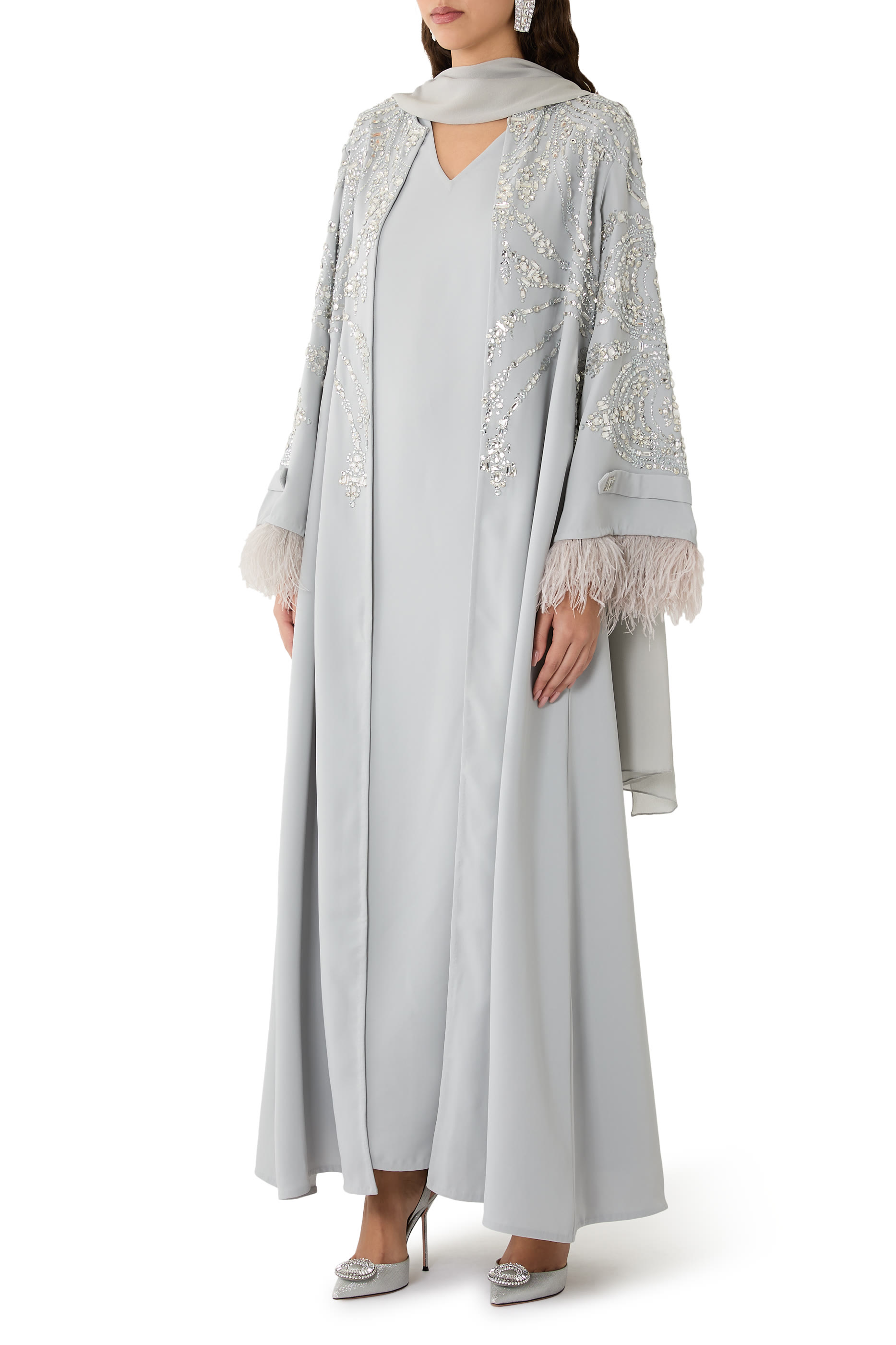 جلابية بوشاح وشرابات وكريستال ستان سميك