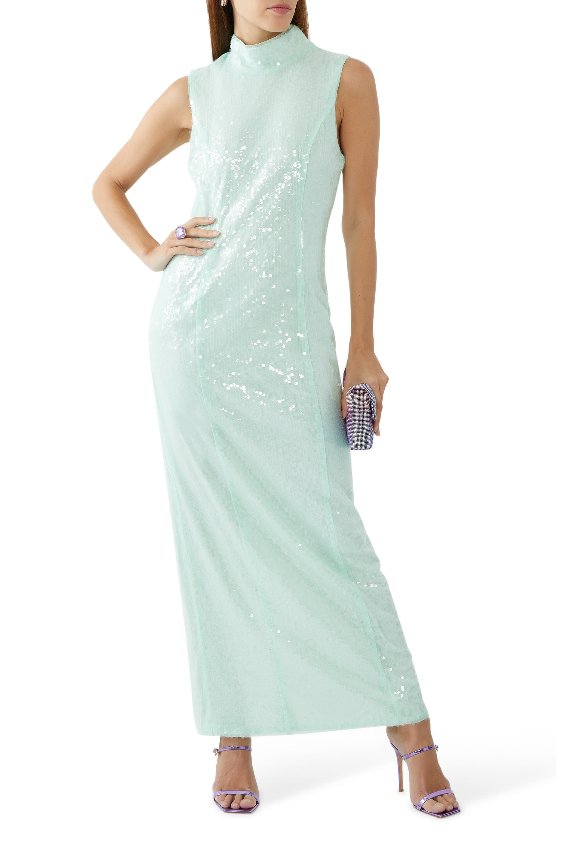 فستان متوسط الطول بفتحة وترتر