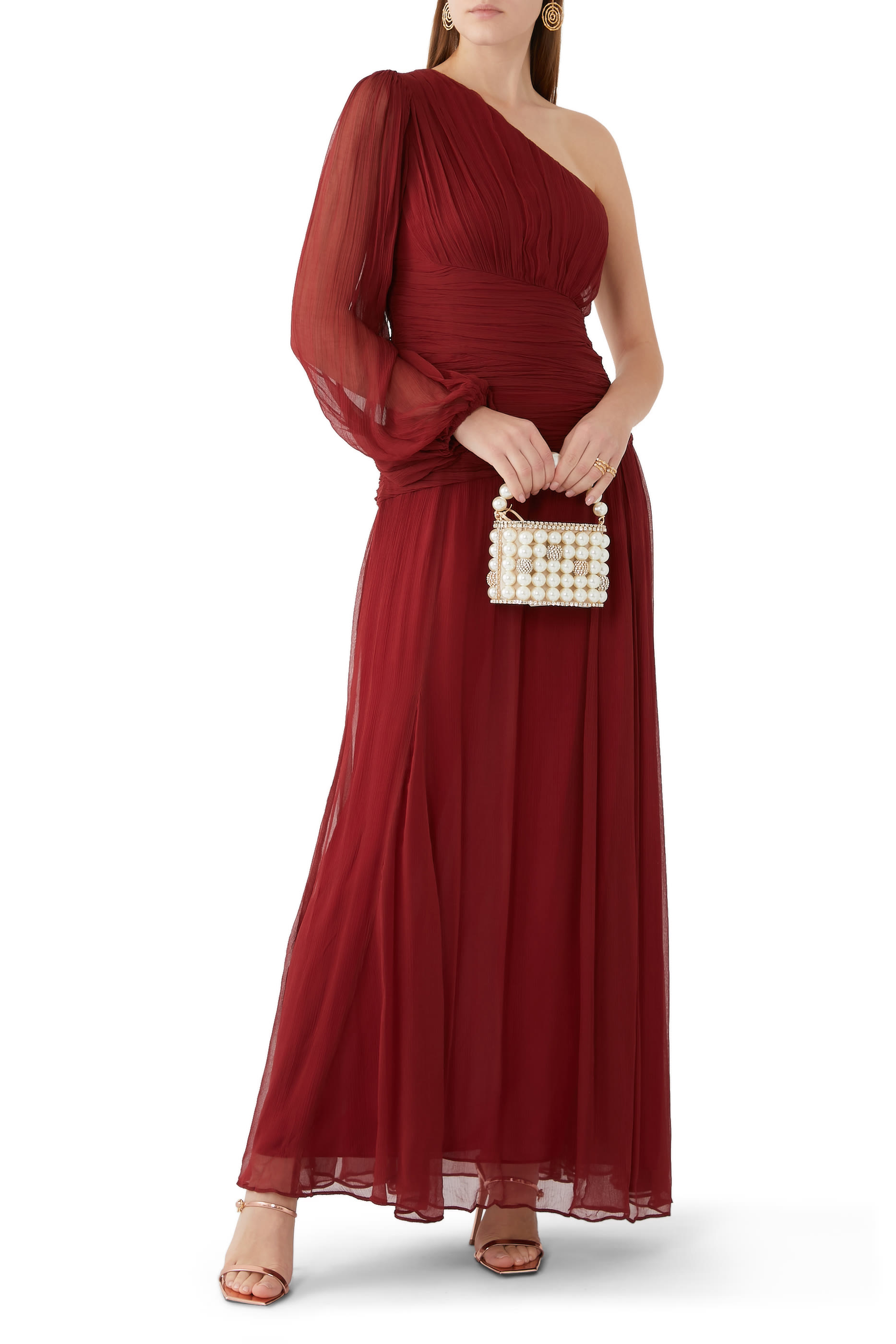 فستان كلود طويل بكتف واحدة وفتحة جانبية