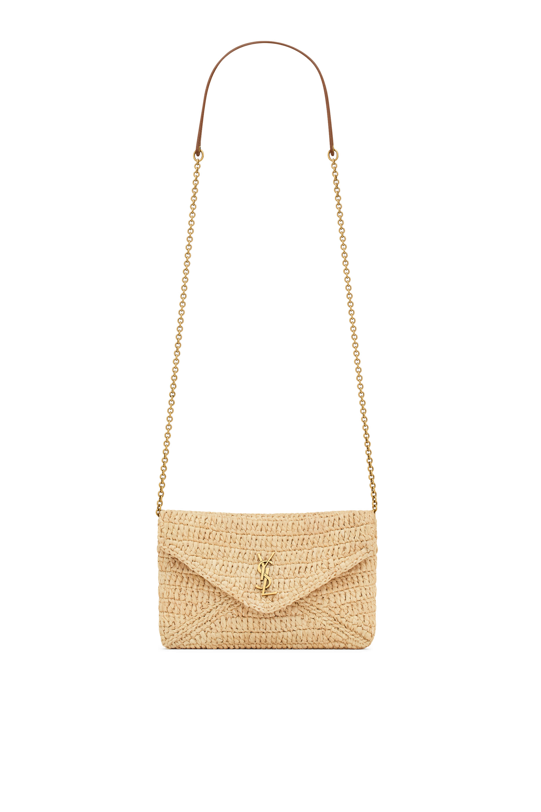 حقيبة صغيرة خوص بحمالة سلسلة وشعار الماركة