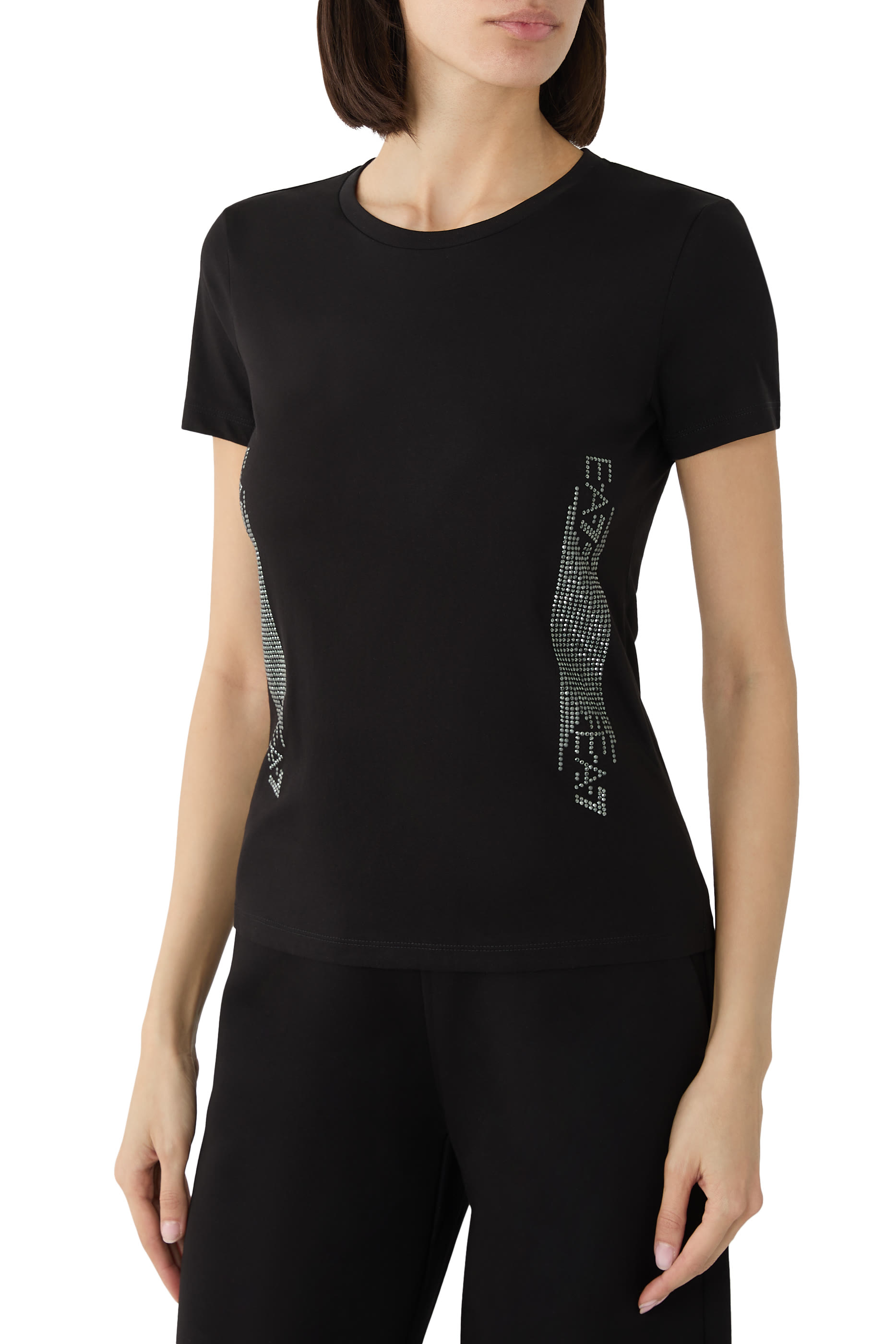 تيشيرت  بشعار الماركة مرصع بأحجار الراين قطن