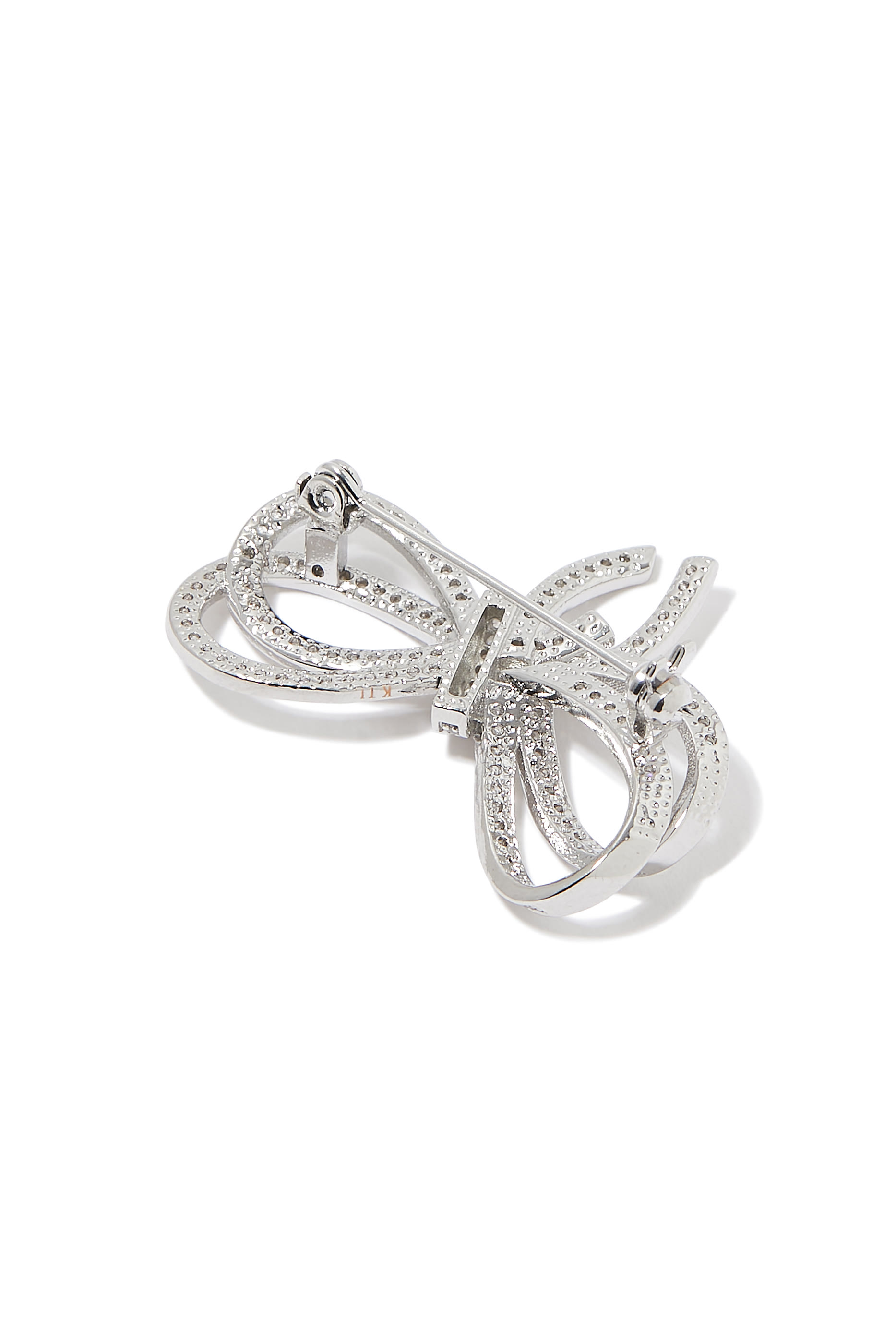 بروش بتصميم ربطة فيونكة مزدوجة مرصع بأحجار زركونيا مكعبة بافيه، نحاس المطلي بالروديوم