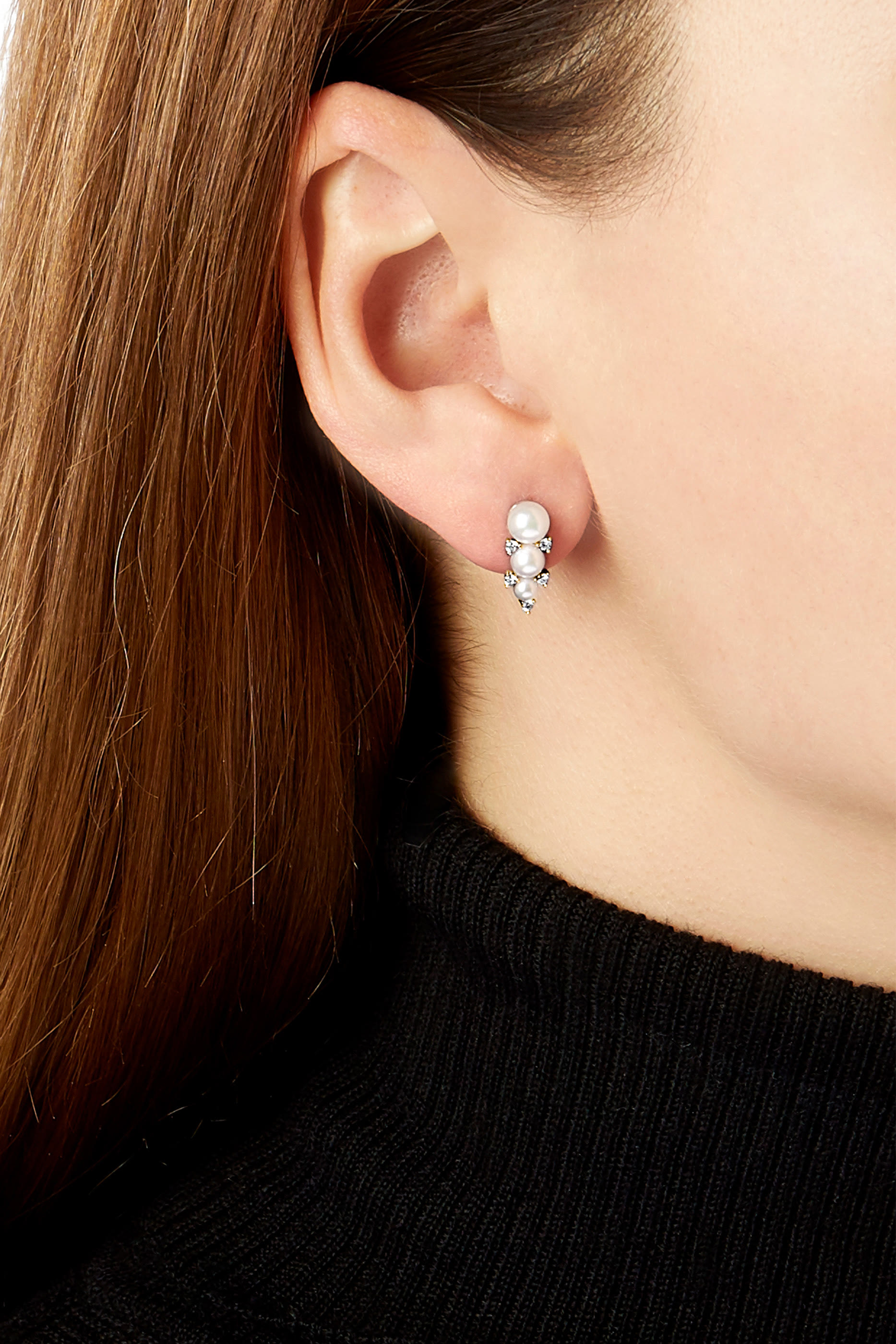 أقراط سليك متعددة الطبقات ومرصعة بالماس ولؤلؤ أكويا ذهب أصفر عيار 18