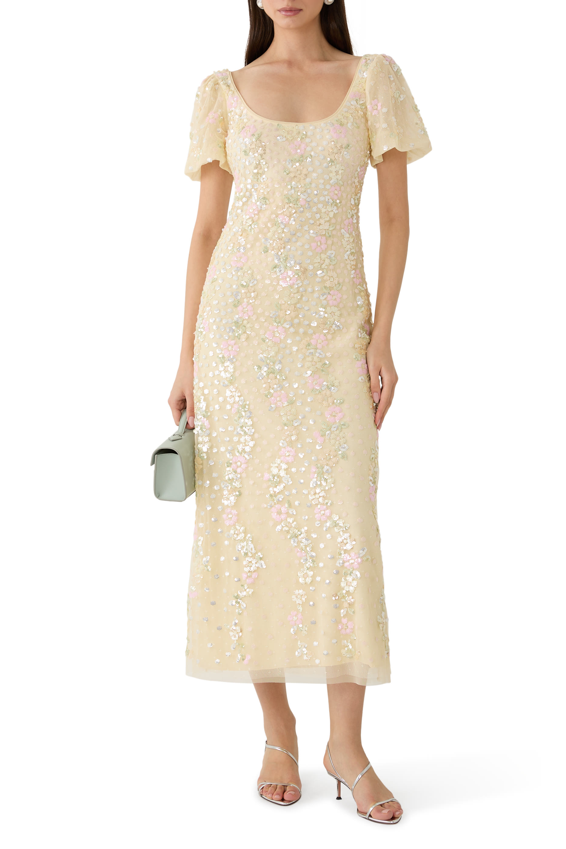 فستان سهرة كونفتي بأكمام منفوخة بطول الكاحل