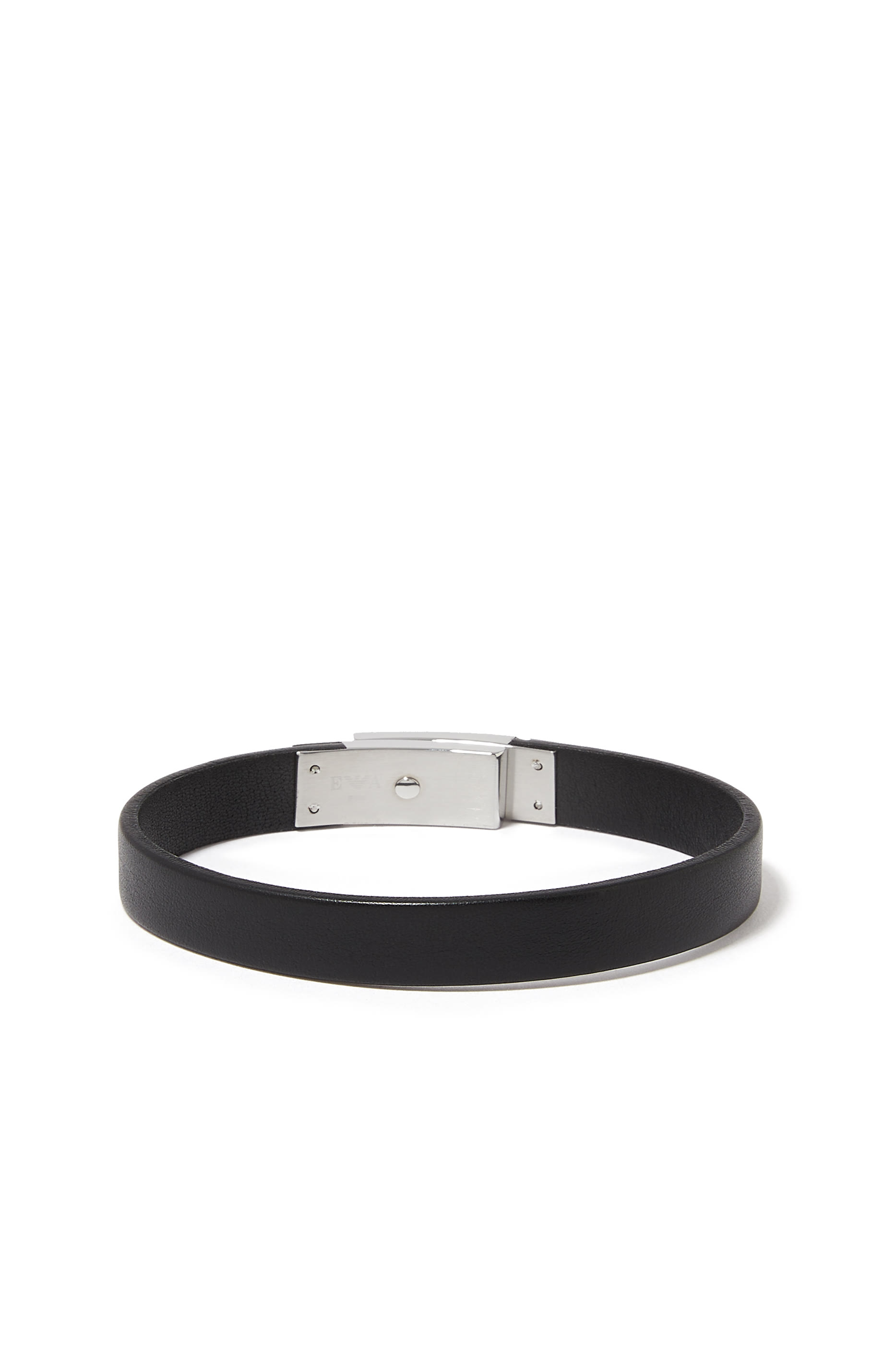 Stainless Steel & Black Leather Strap Bracelet