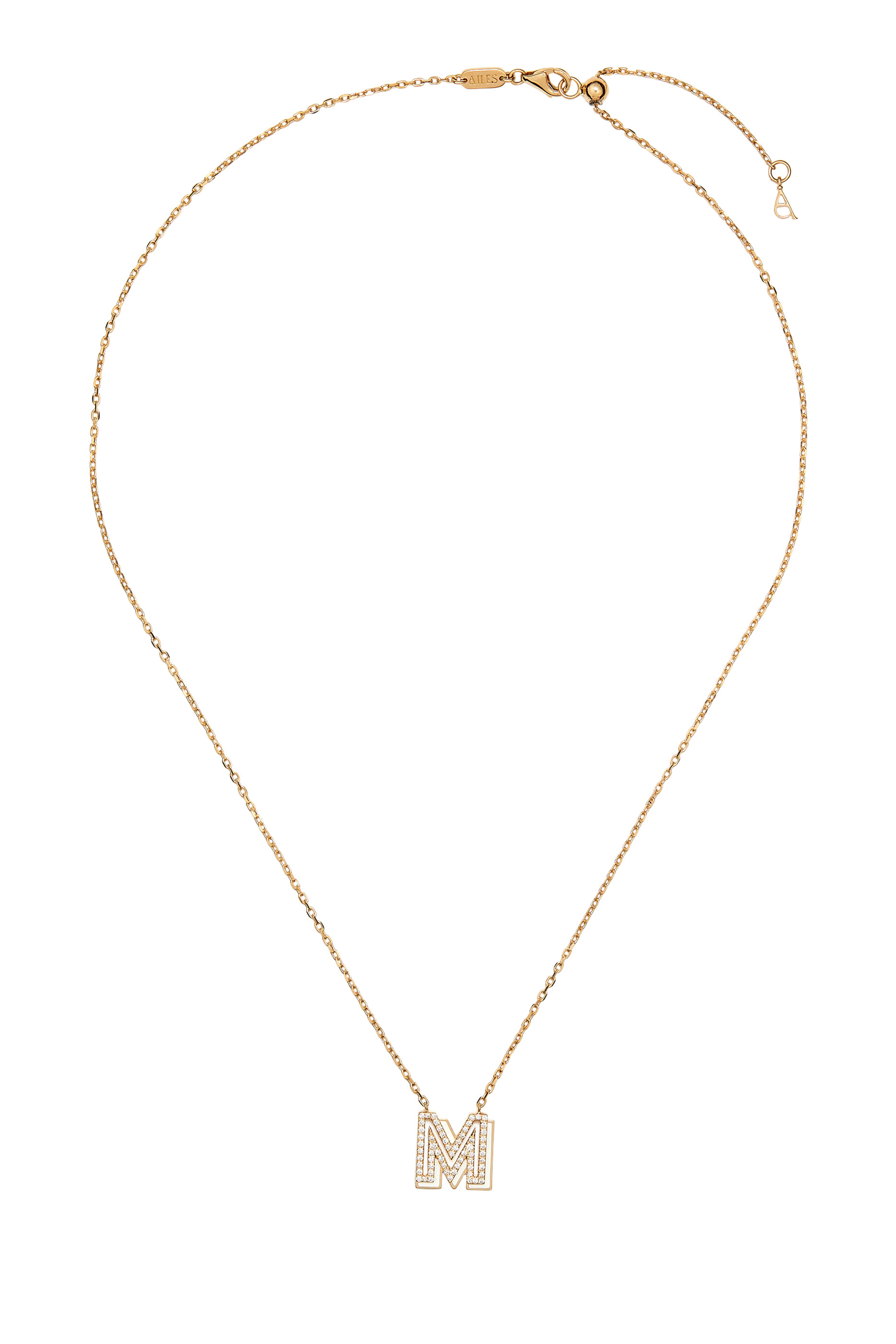 Letter M Silhouette Necklace, 18k Yellow Gold with Diamonds & Enamel