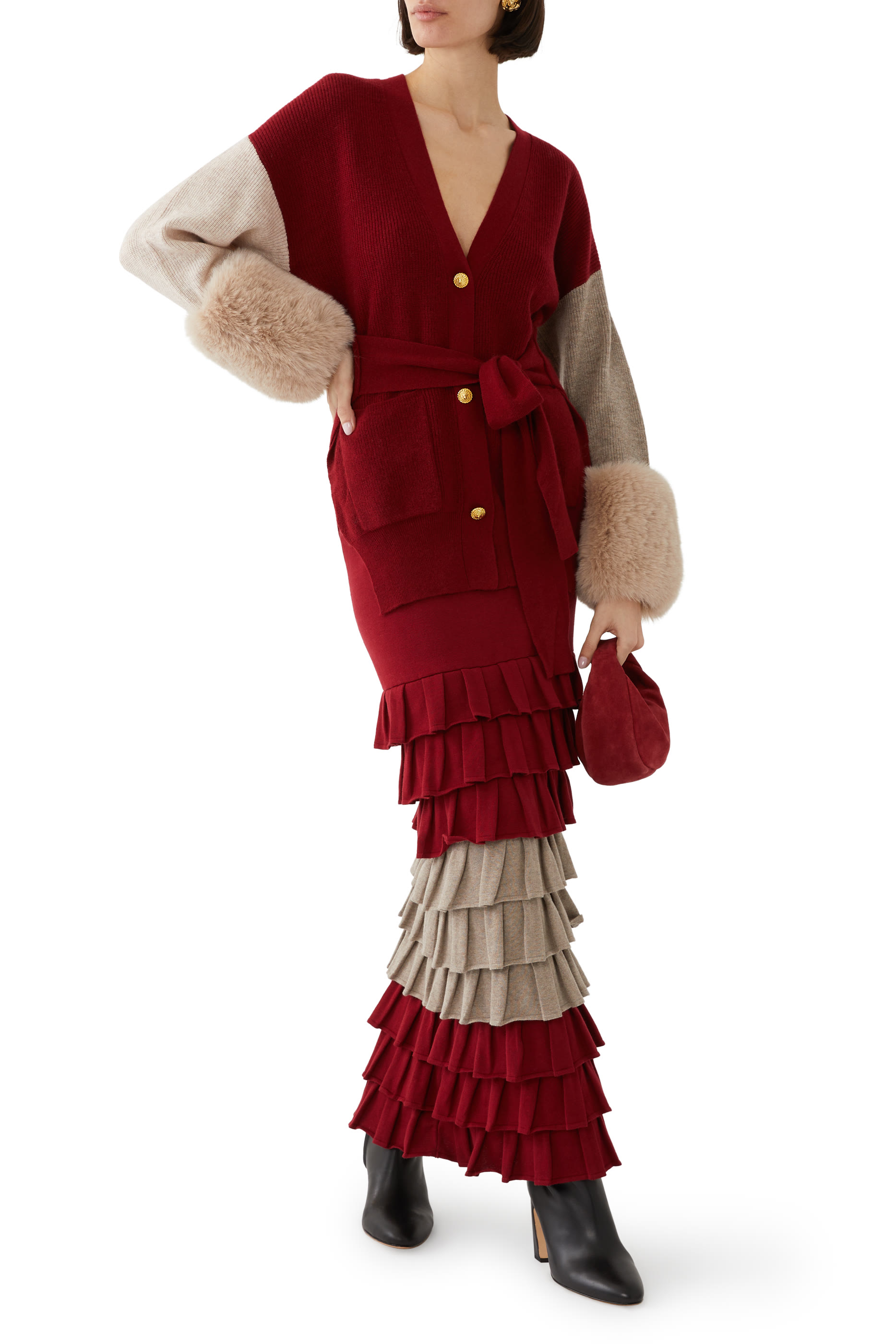 كارديجان بأساور من فرو صناعي ورباط