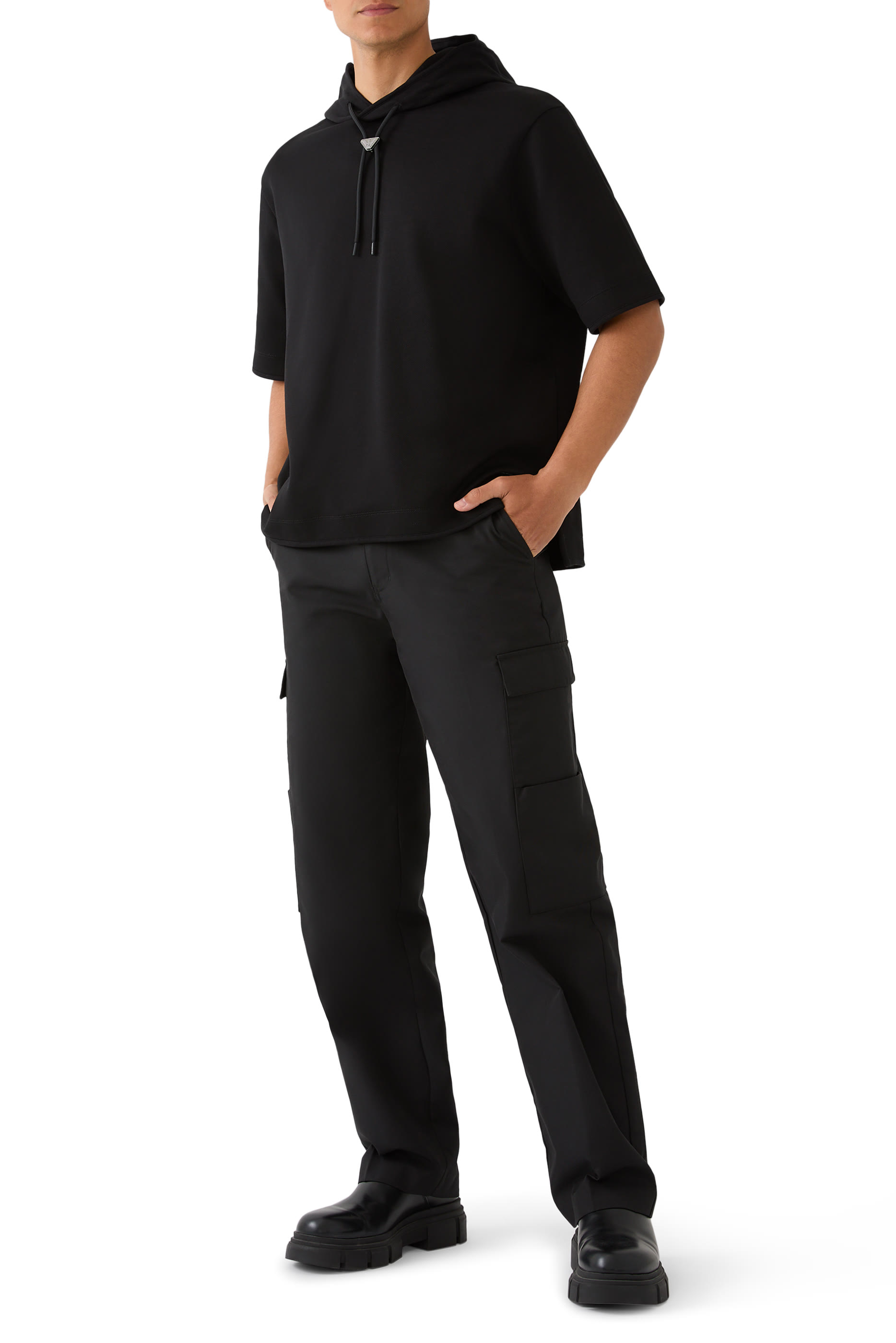 سويت شيرت بأكمام قصيرة وقصة واسعة مع غطاء للرأس، جيرسيه