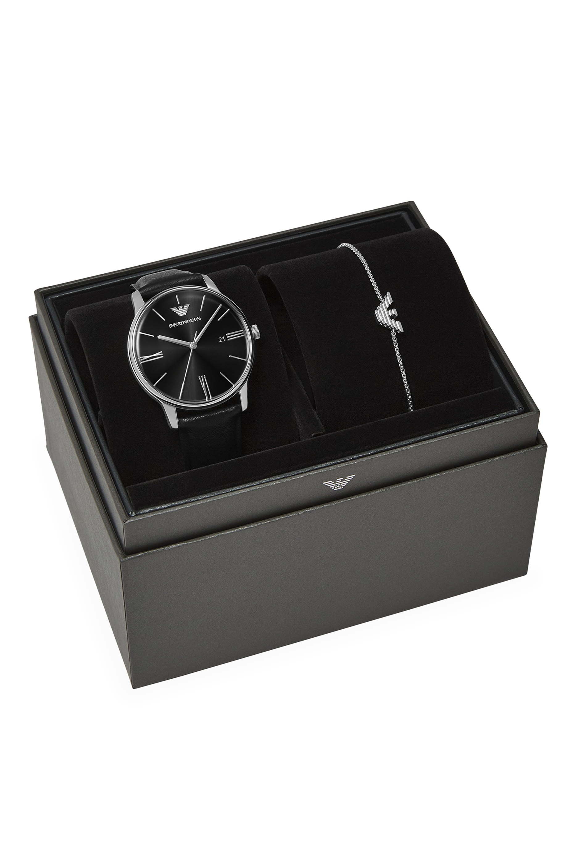 طقم ساعة جلد وسوار بشعار الماركة