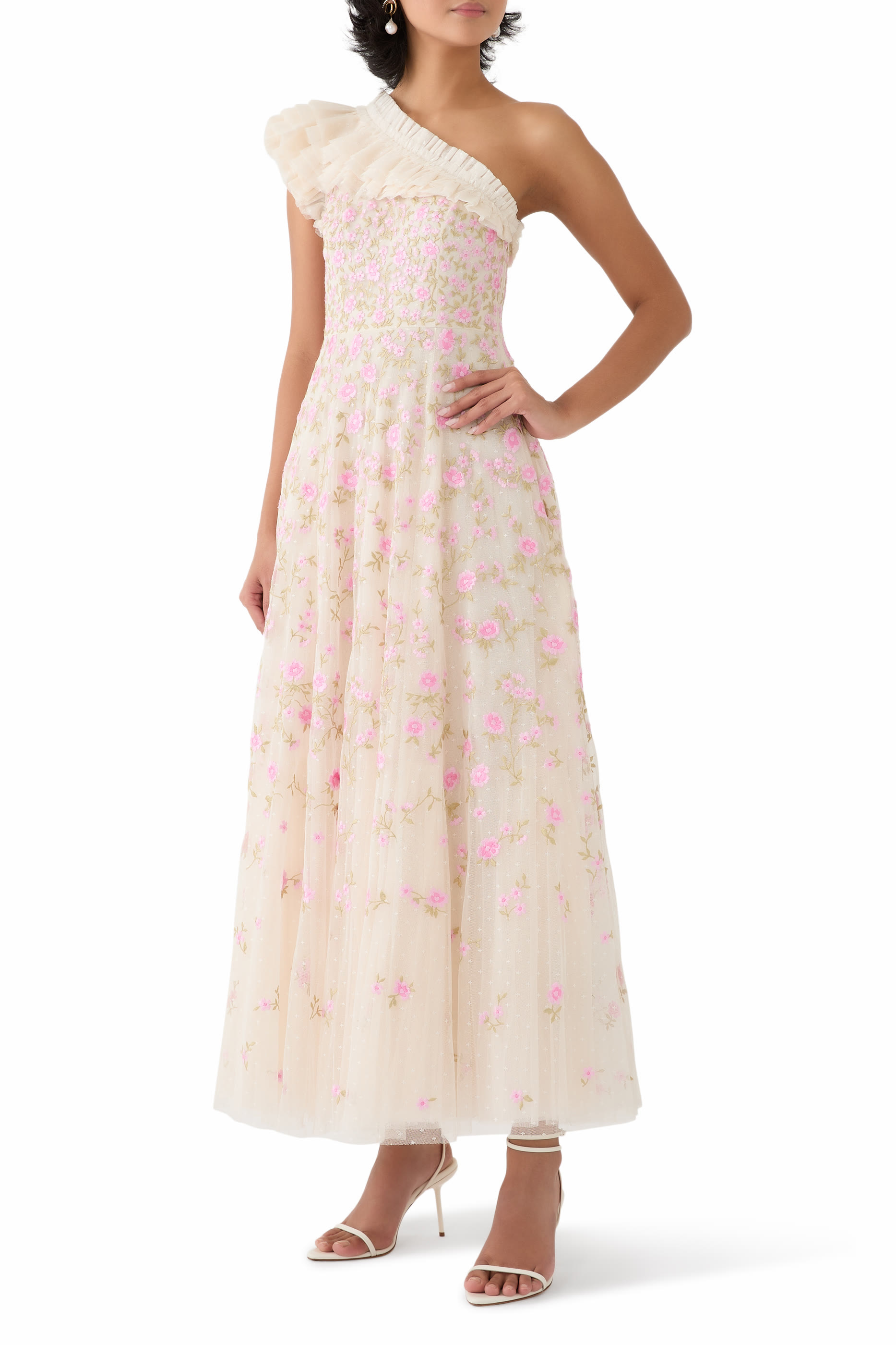 فستان سهرة ليا ديتسي بطول الكاحل وكتف مكشوف