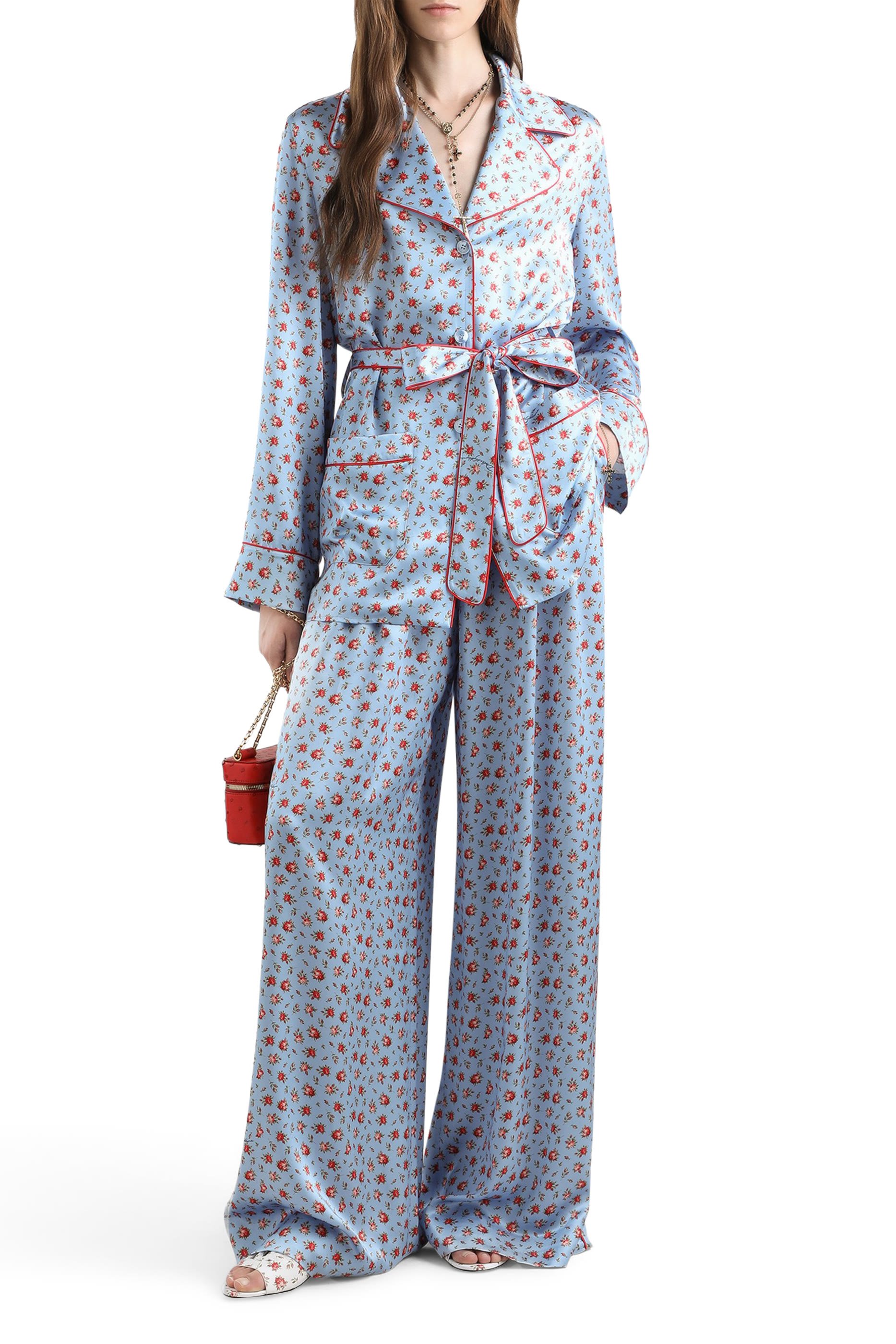 بنطال بقصة ساق واسعة ونقشة ورد بحجم صغير حرير