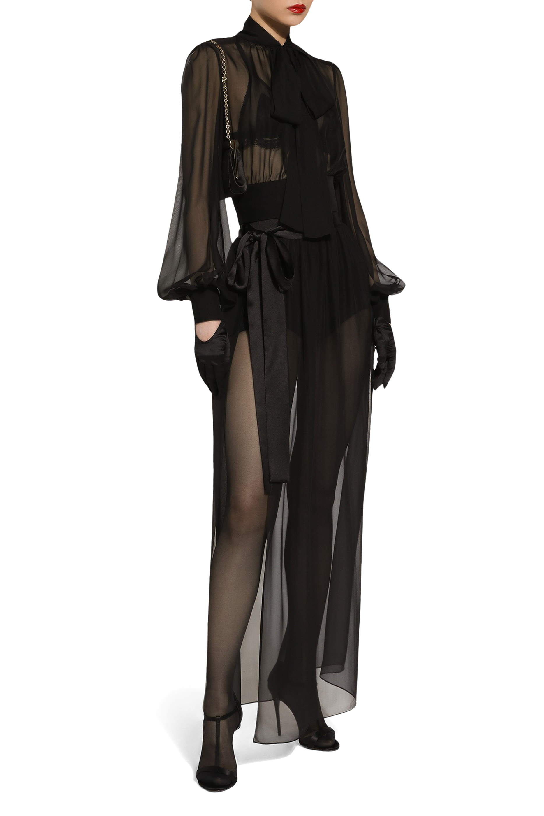 تنورة طويلة بحزام حرير شيفون