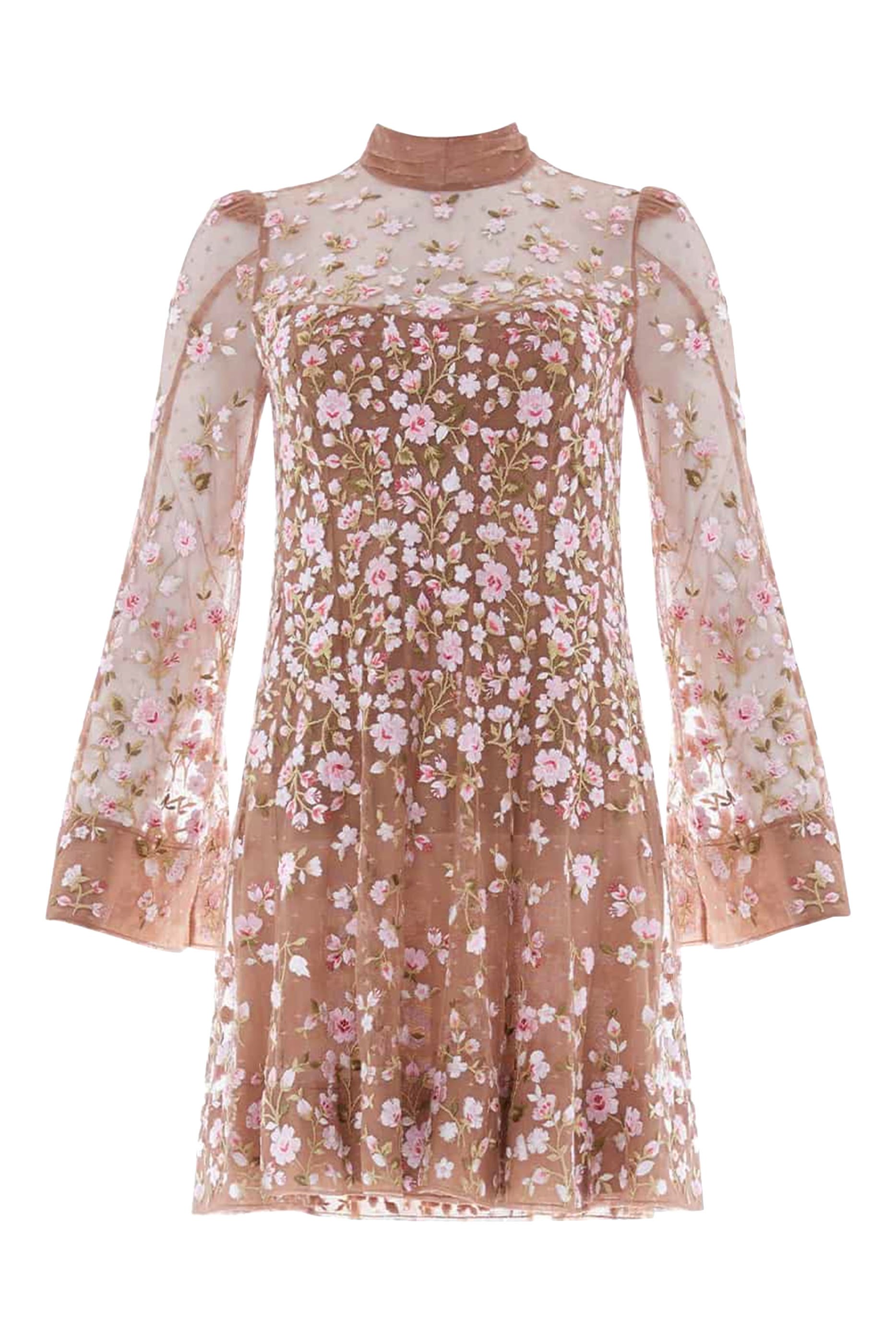 فستان سهرة سيلفيا قصير بأكمام طويلة بنقشة ورود