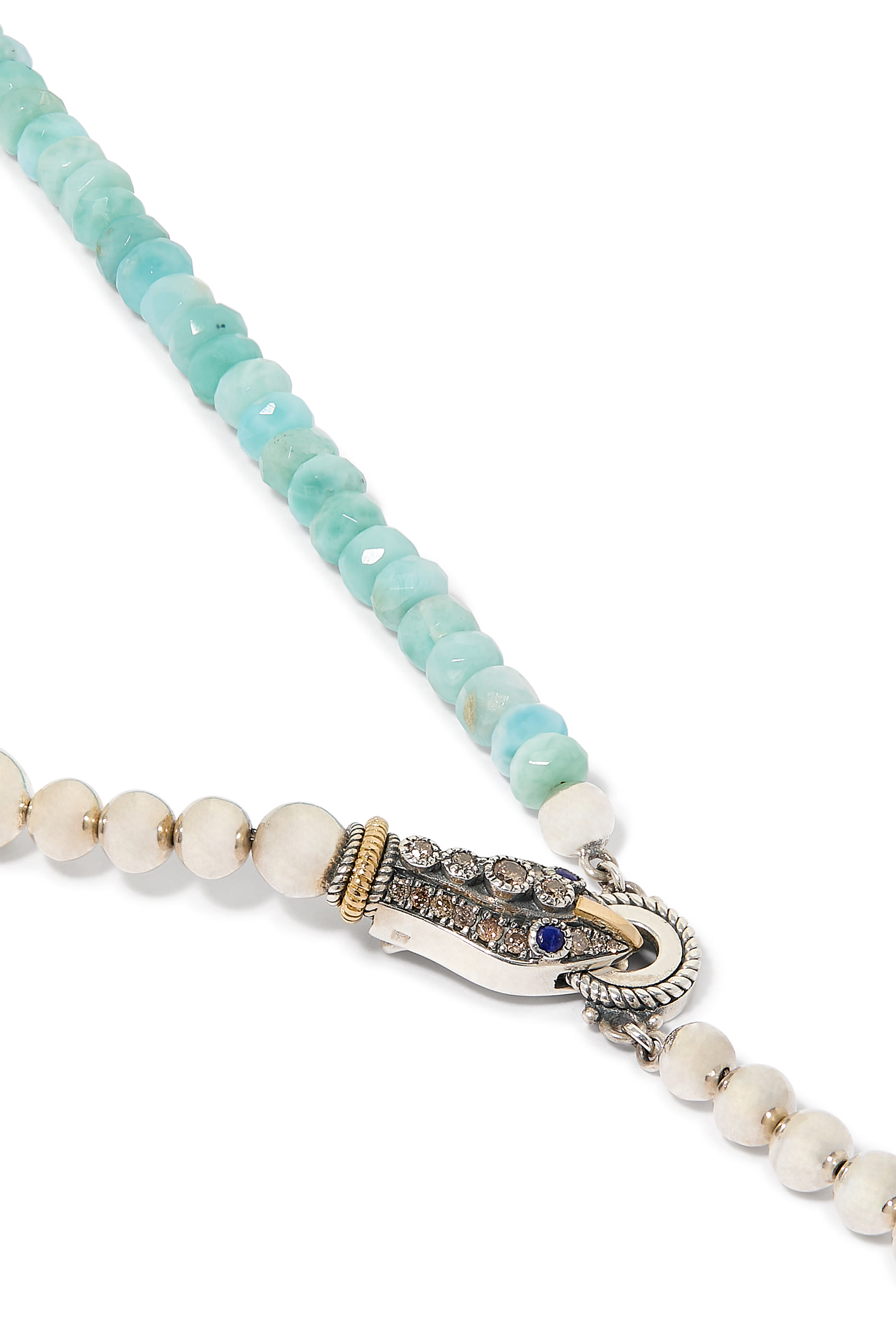 Beaded Snake Necklace, 18K Yellow Gold with Sterling Silver, Diamonds & Lapis-Larimar Beads