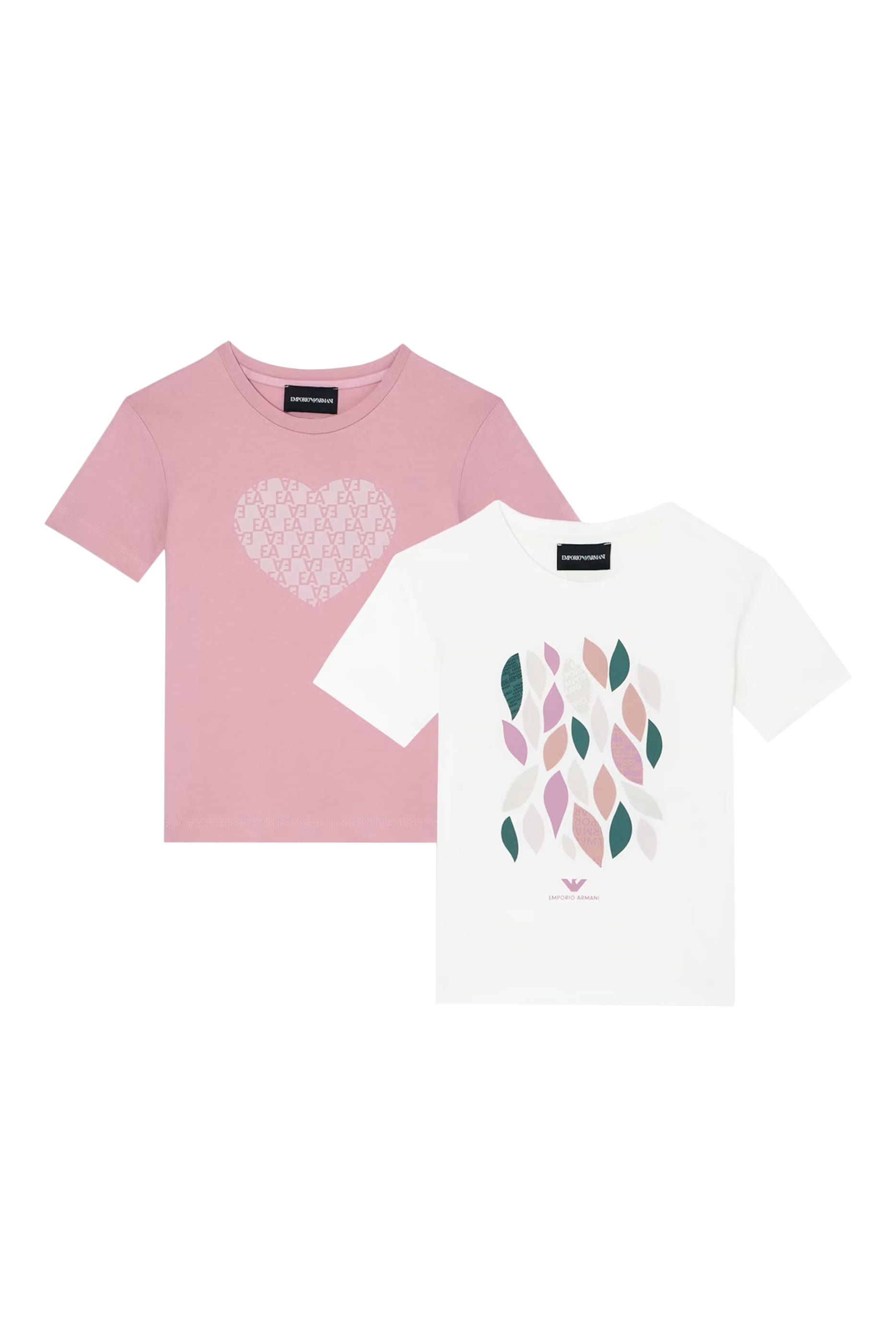 طقم تيشيرت بنقشة قلب وورق وشعار الماركة للأطفال، 2 قطع