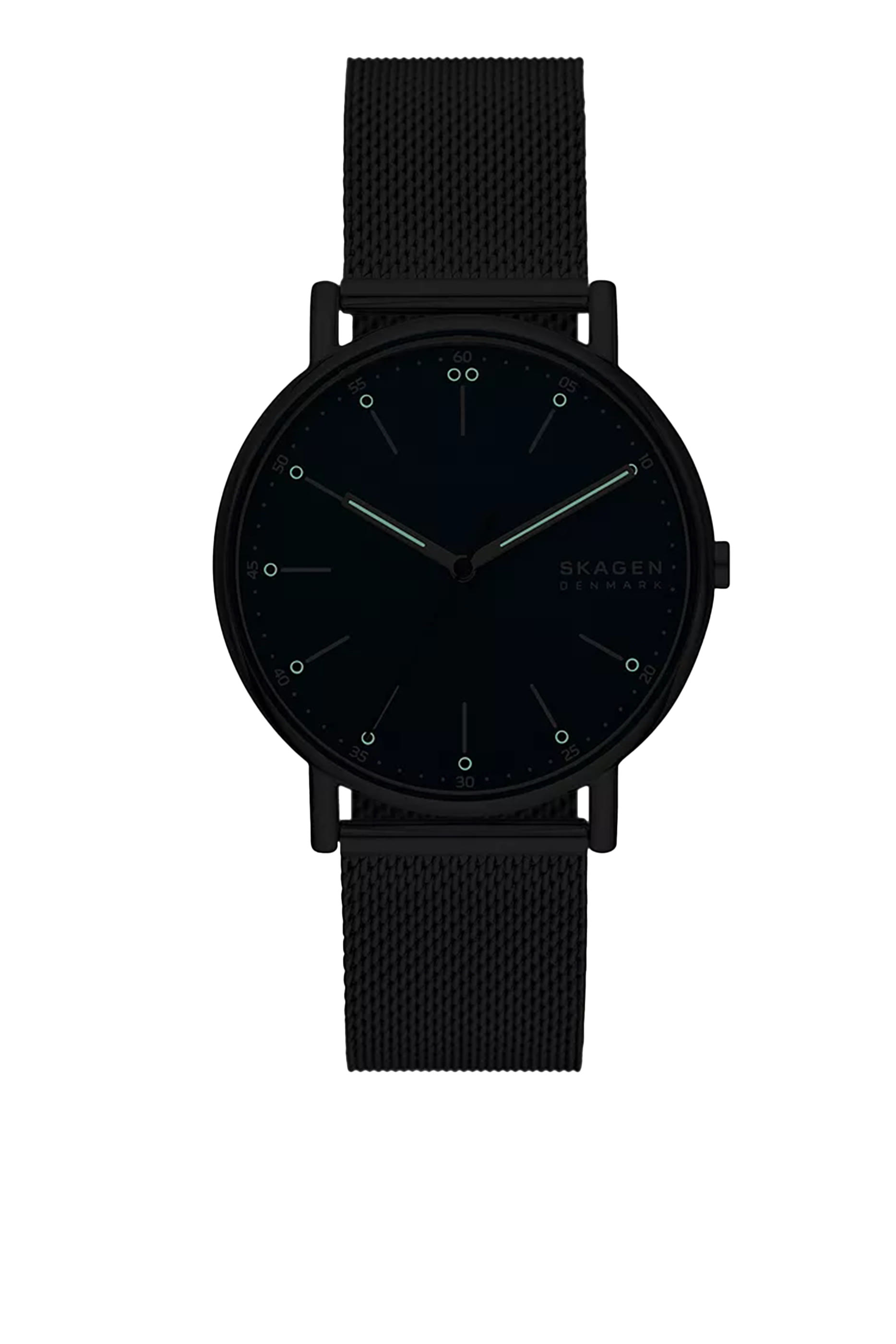 ساعة ستانلس ستيل بشعار الماركة وثلاث عقارب وسوار شبكي