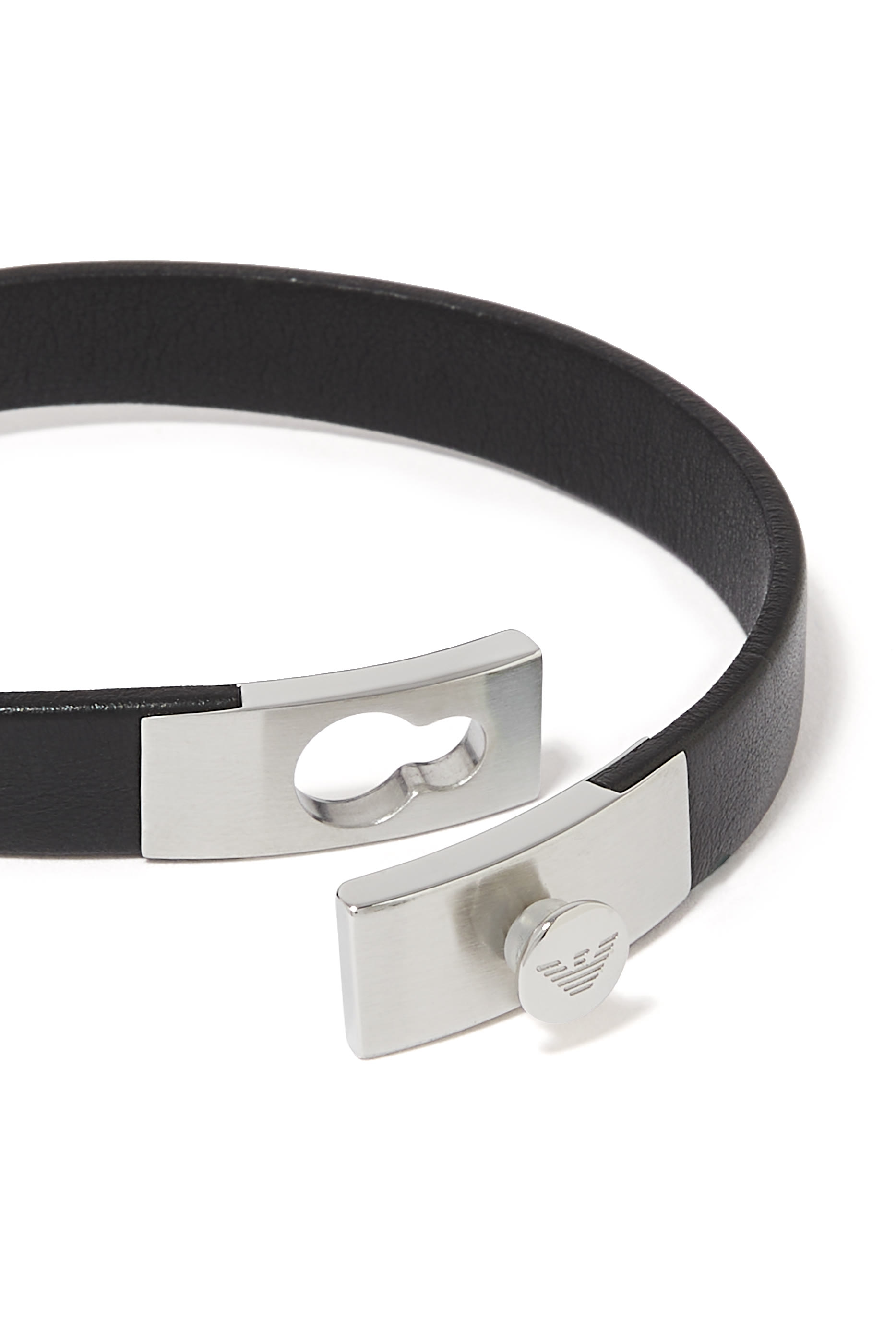 Stainless Steel & Black Leather Strap Bracelet