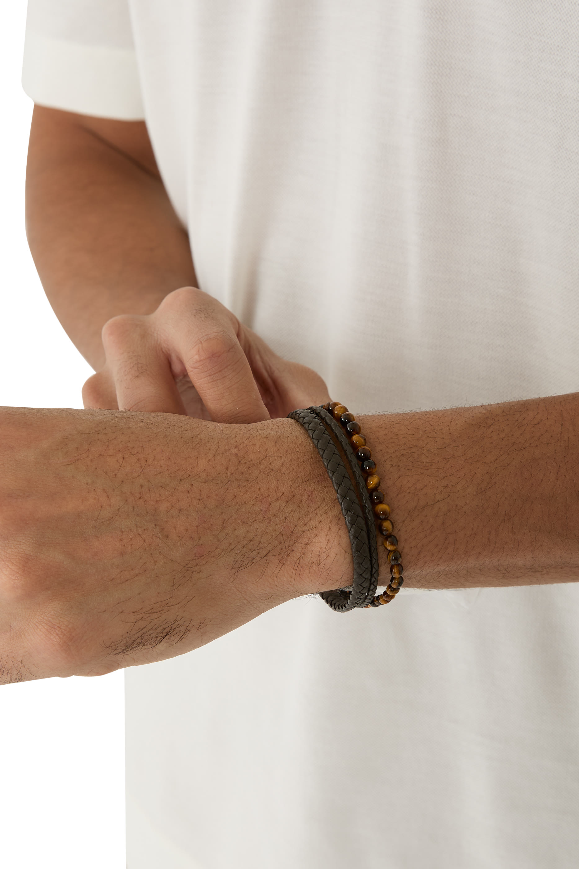 سوار بتصميم مجدول بخرز عين النمر، جلد