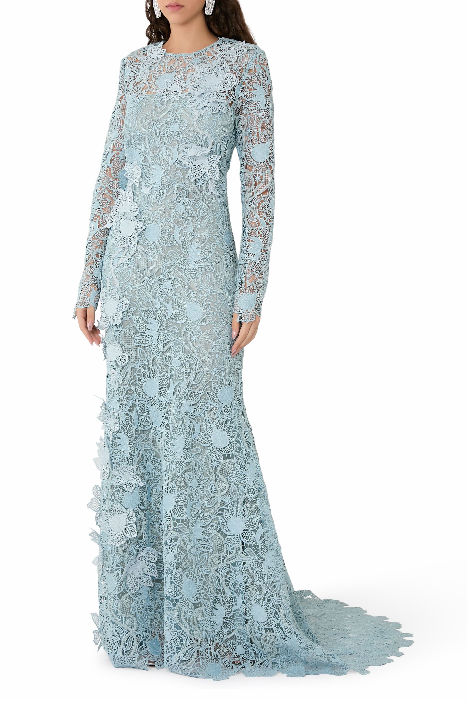 Long Sleeve Corded Botanical Guipure Gown