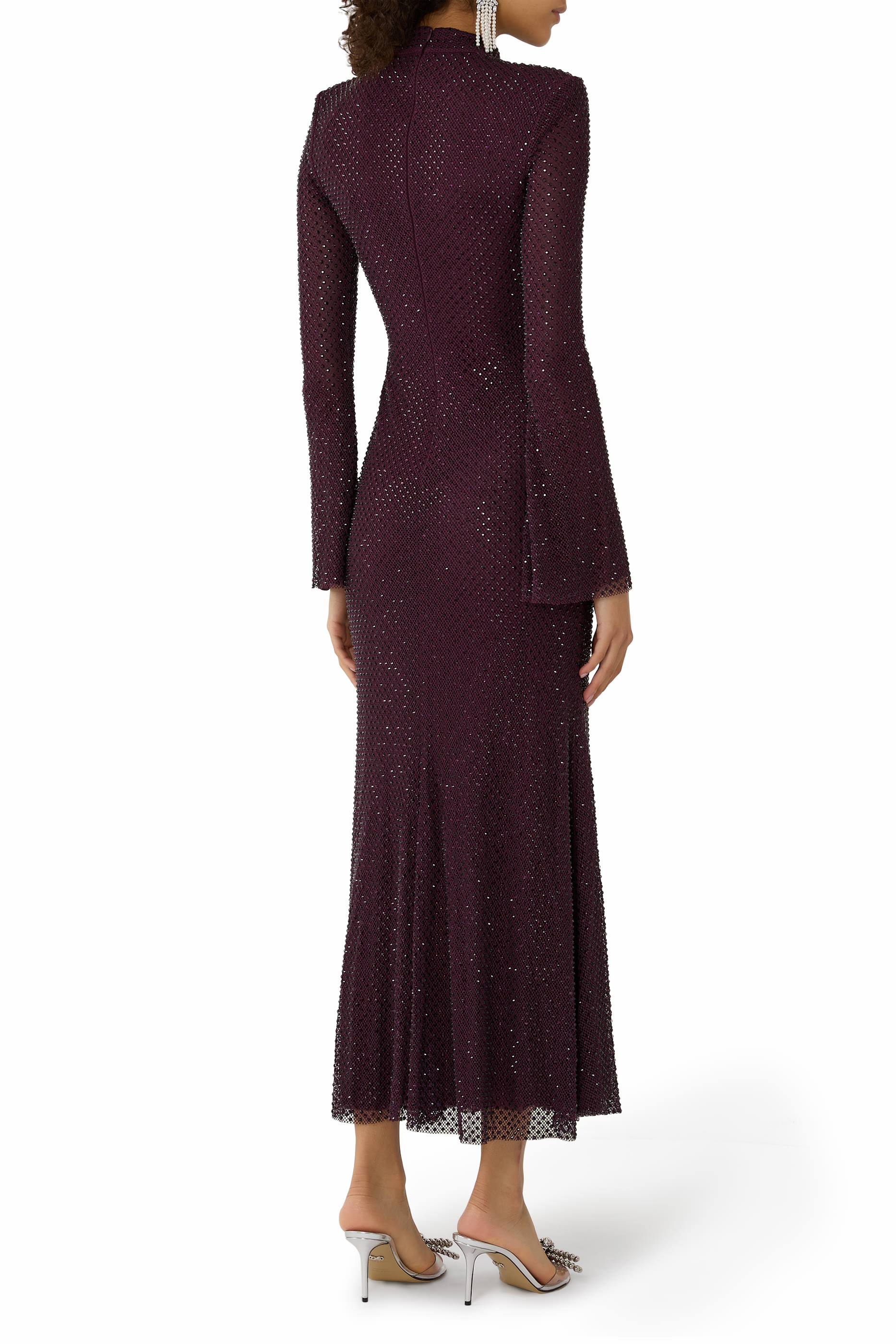 فستان متوسط الطول قماش شبكي بأحجار الراين