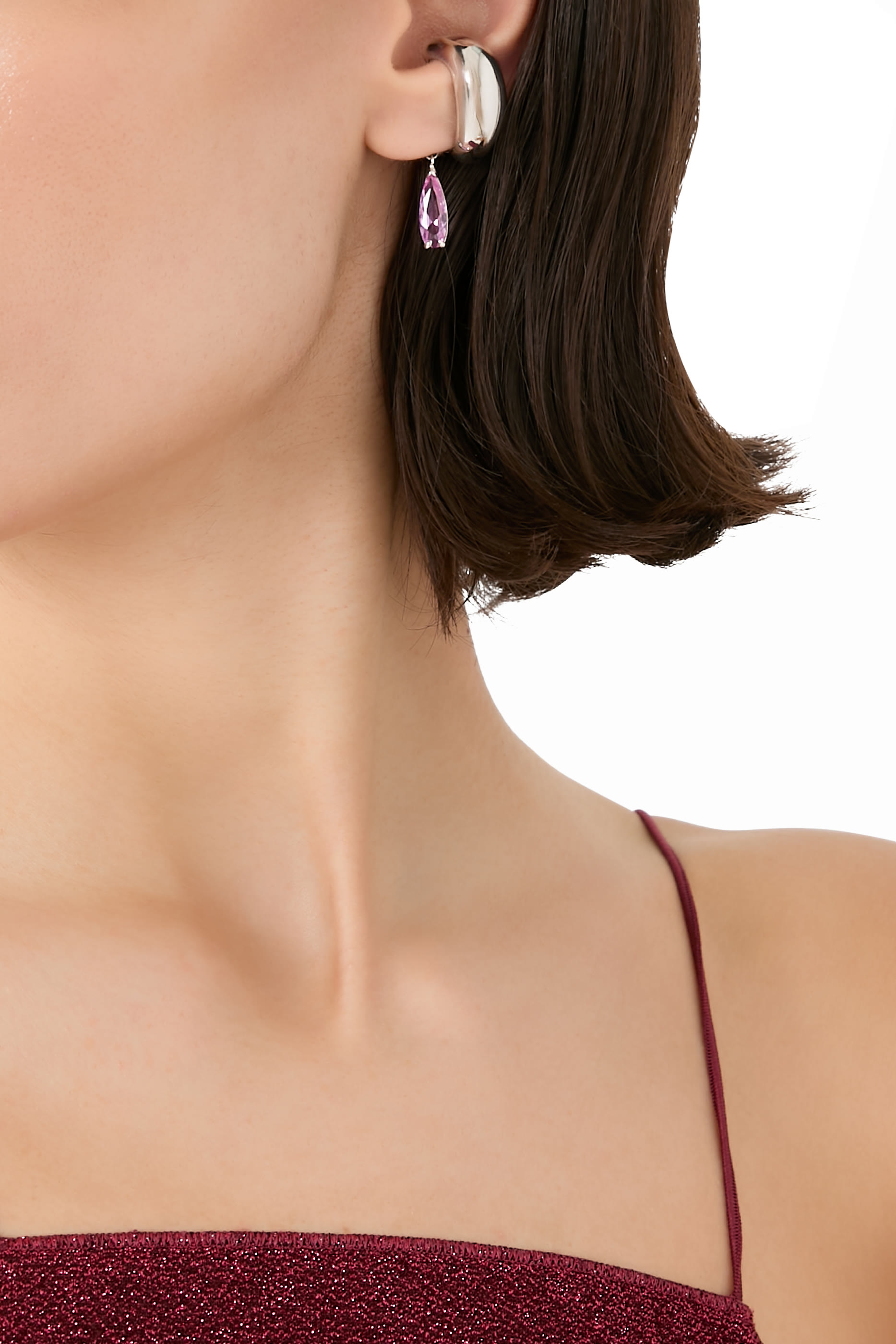 قرط بلون مفتوح بحلية بتصميم قطرة متدلية مرصع بحجر جمشت، فضة استرلينية عيار 925