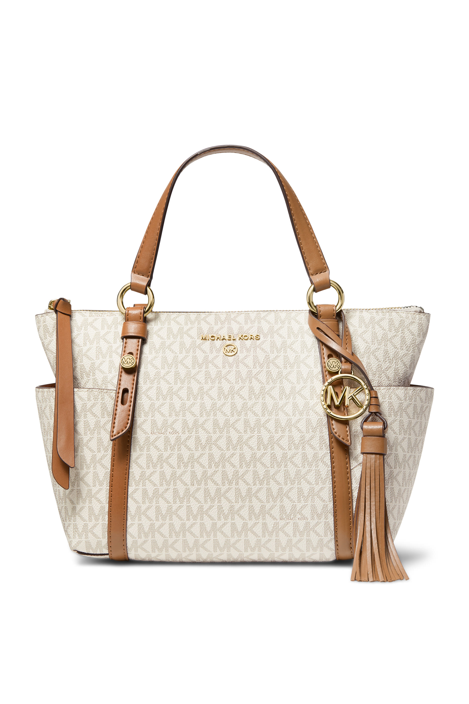 حقيبة يد صغيرة بسحاب علوي وشعار الماركة