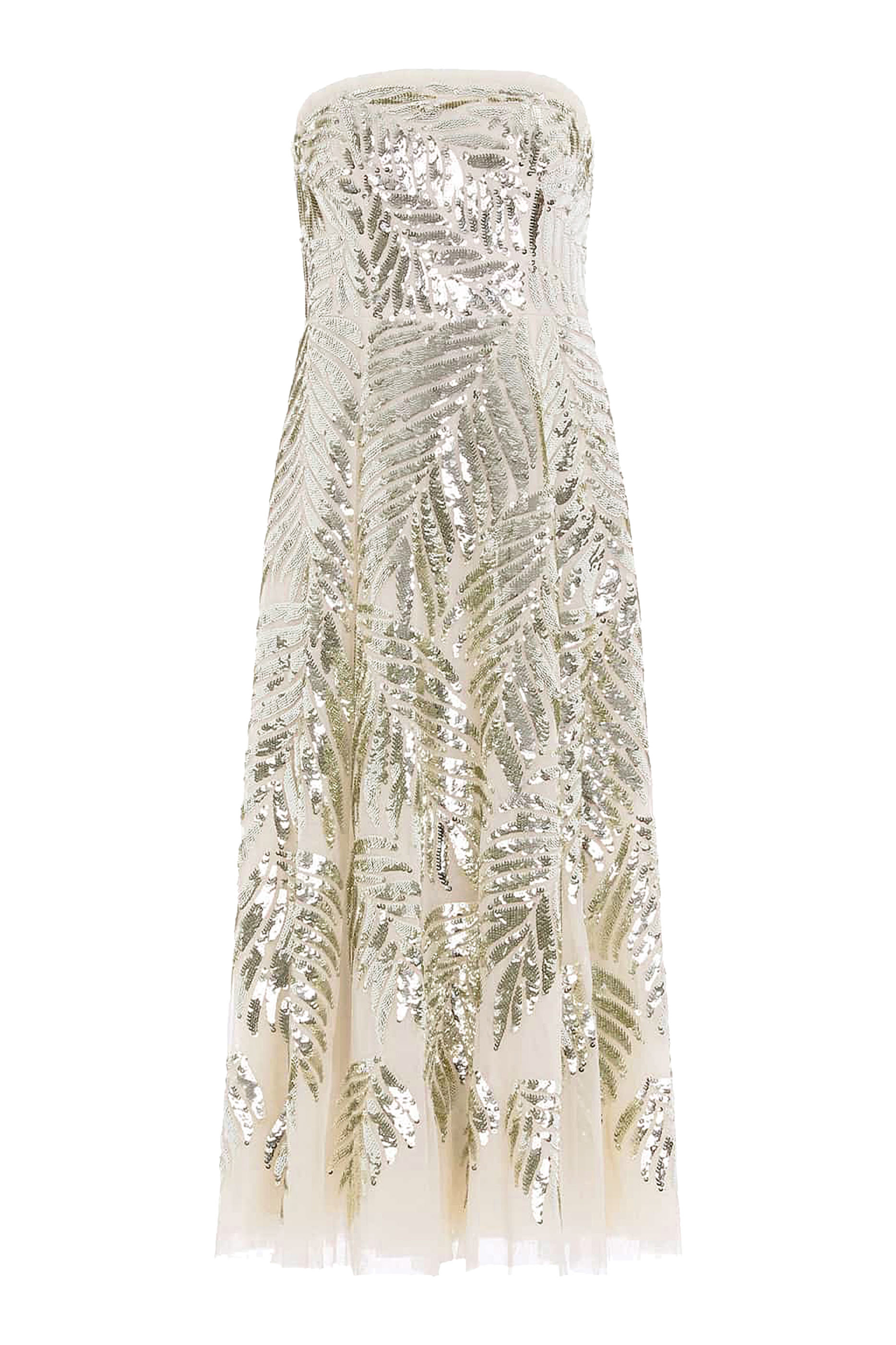 فستان بالرينا بلا حمالات مزين بالترتر والريش