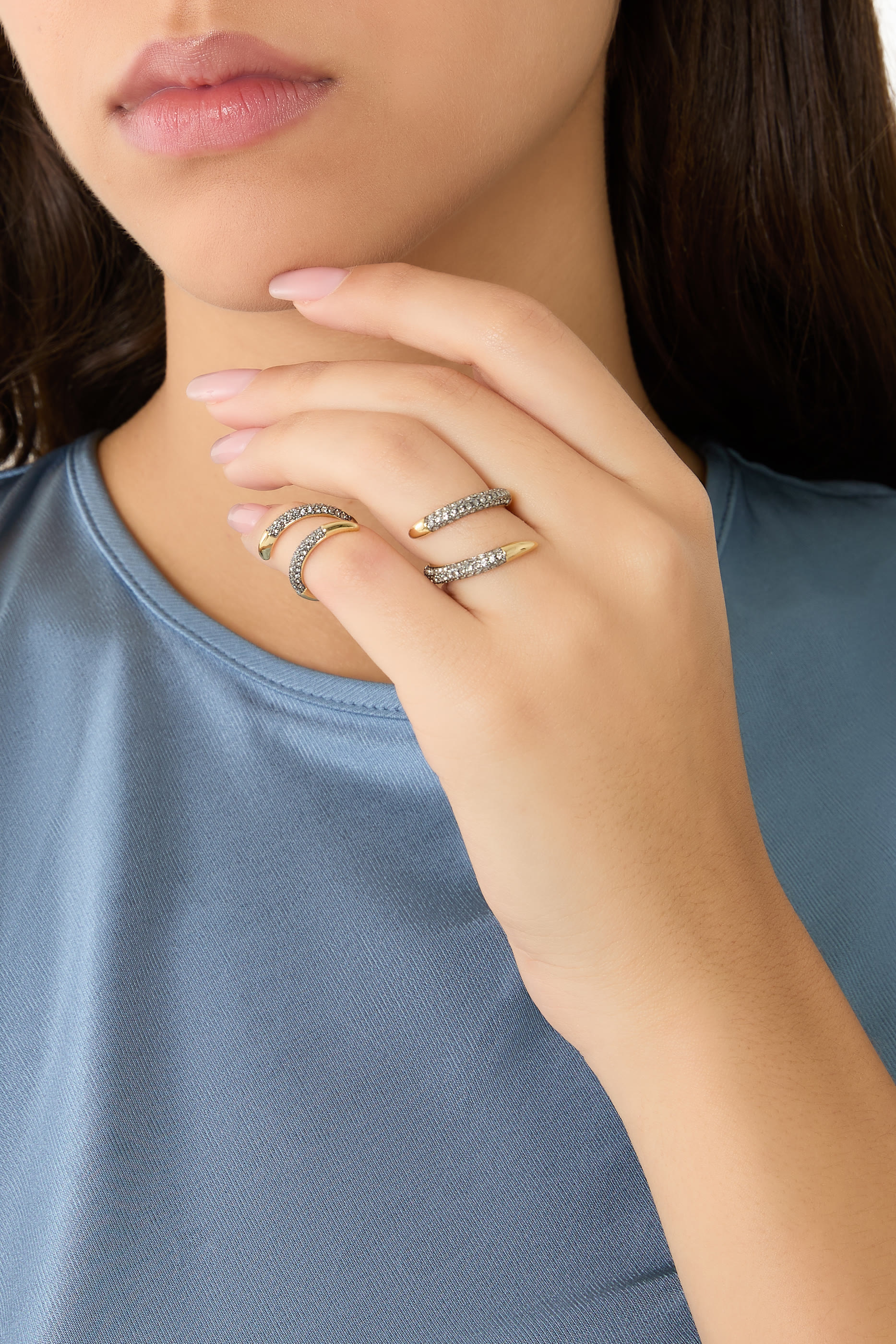 طقم خواتم فيسي مرصعة بكريستال نحاس مطلي بذهب عيار 12، قطعتان 