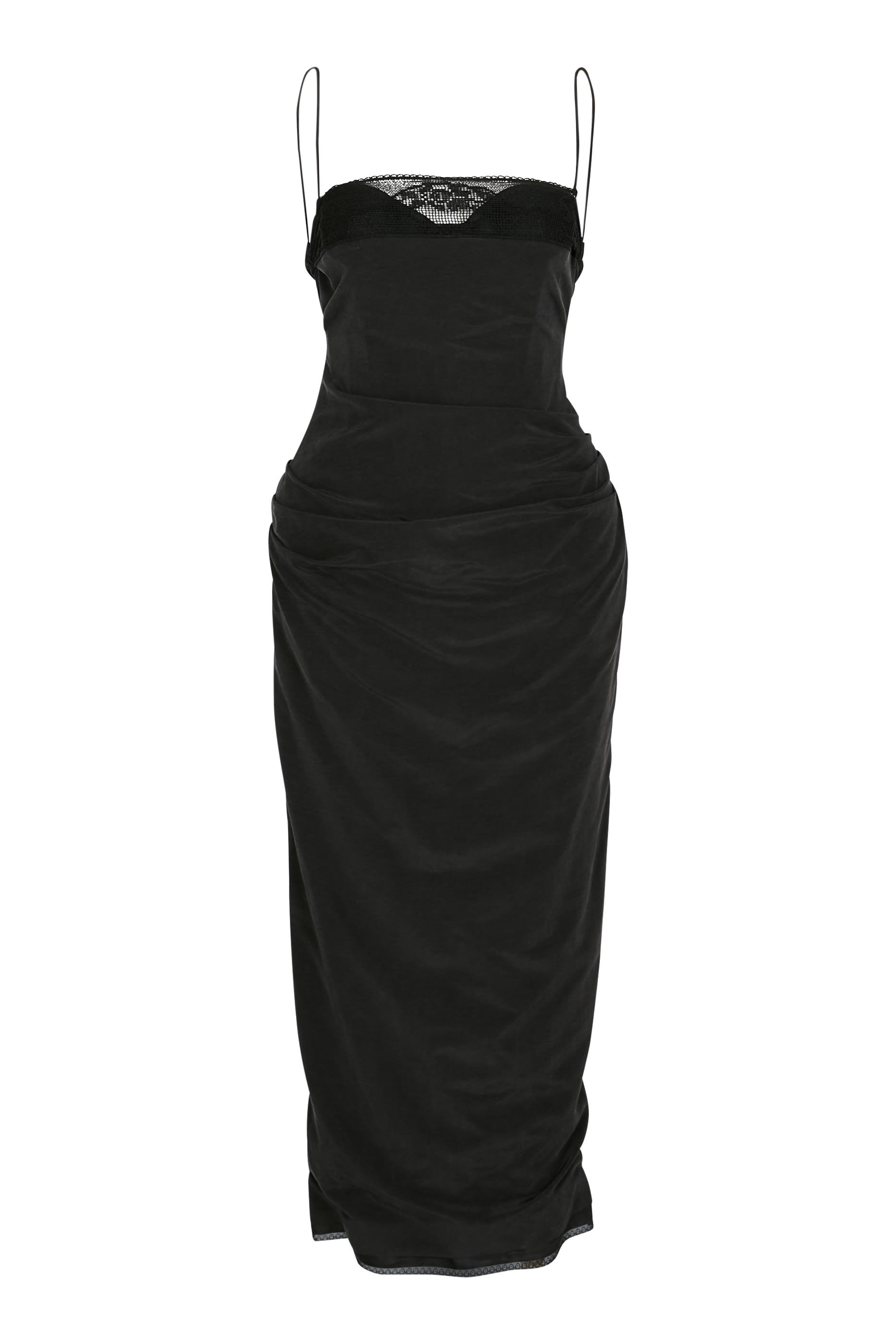 فستان متوسط الطول بنمط مشد بدانتيل عند الياقة