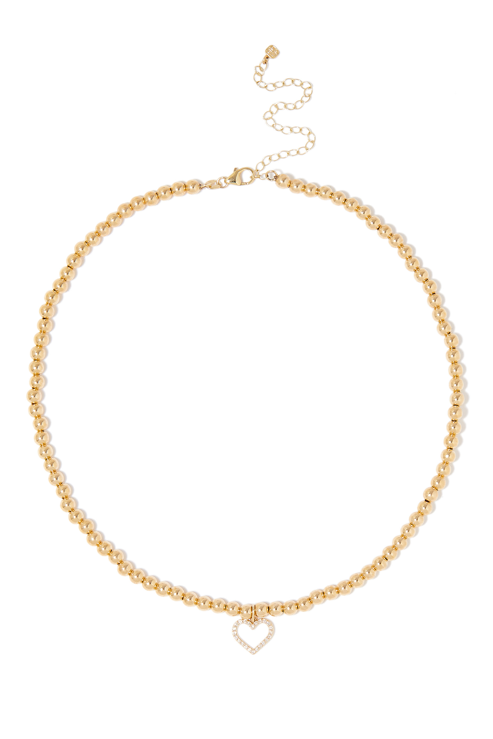 قلادة رقبة بحلية قلب بخرز مرصعة بالماس، ذهب أصفر عيار 14