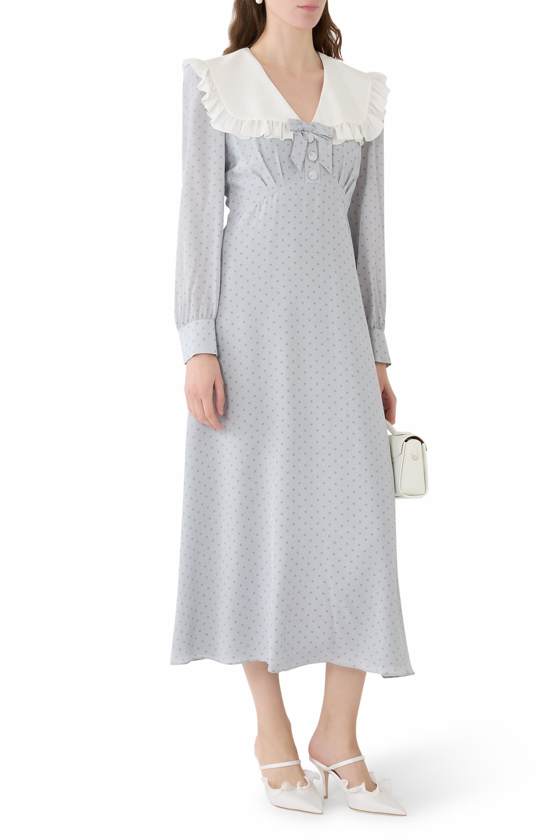 فستان متوسط الطول بياقة ونقشة نقاط بولكا