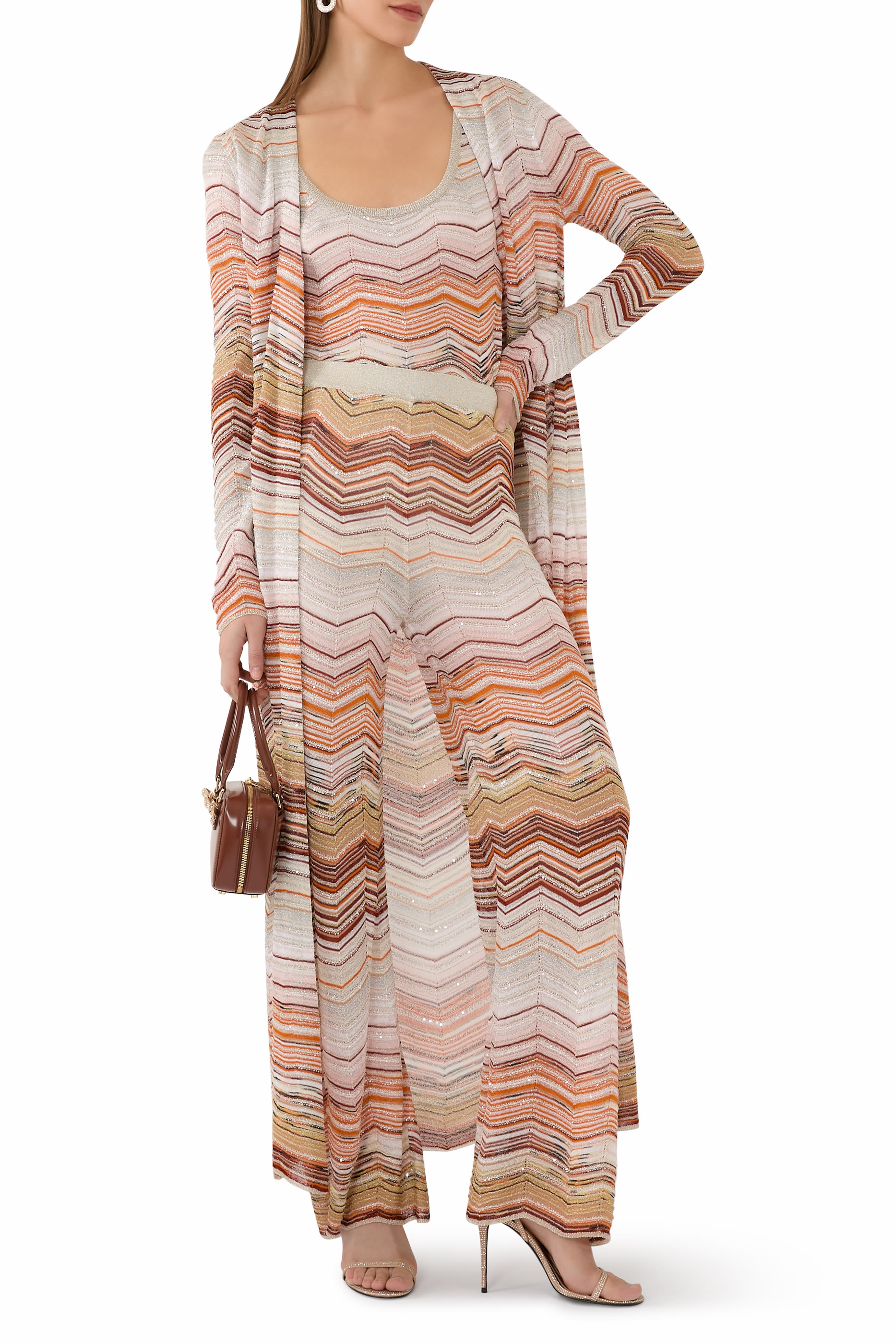 كارديغان طويل بنمط خطوط متعرجة مزين بدانتيل وترتر لاميه