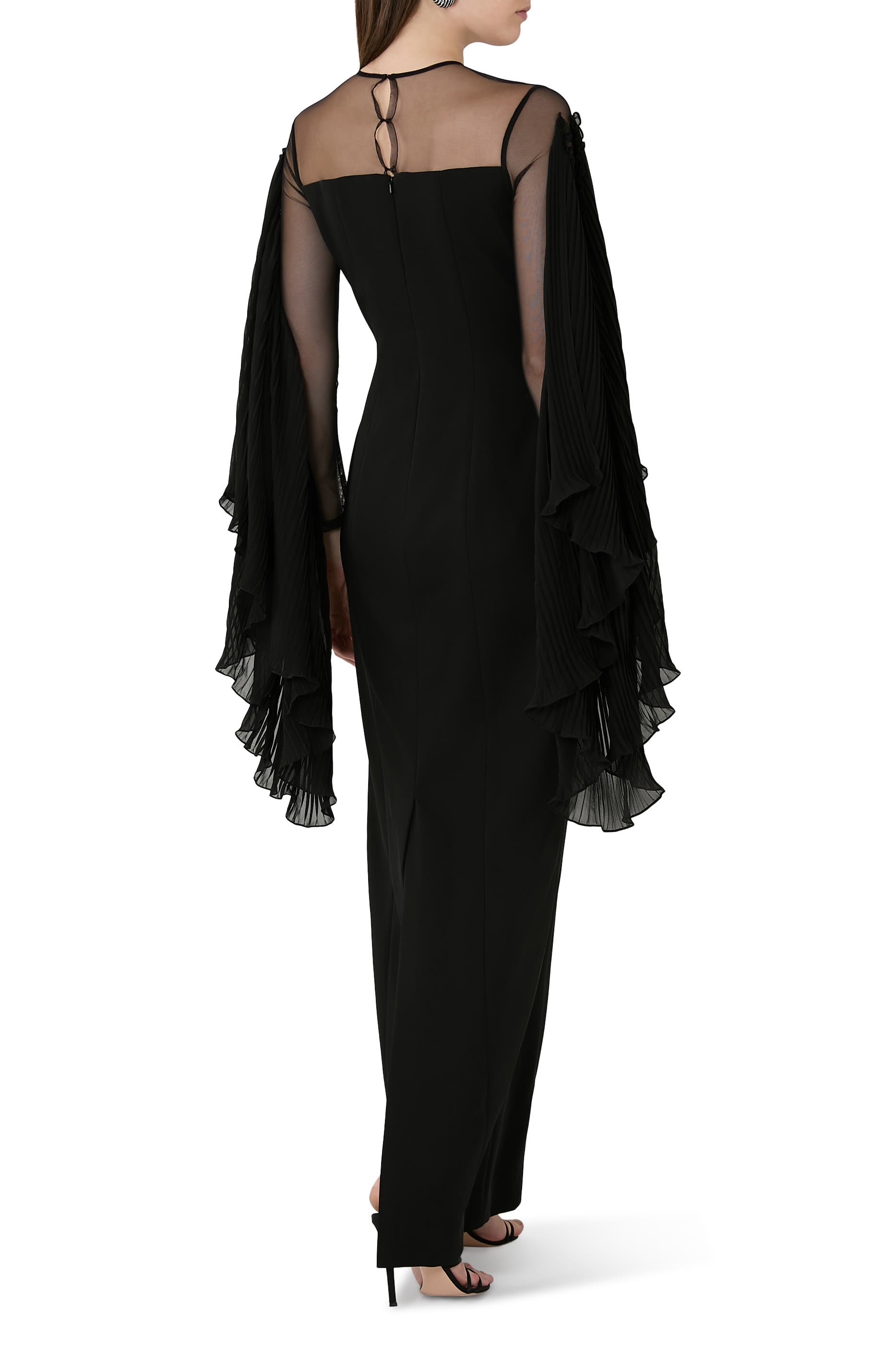 فستان سهرة كريب بأكمام طويلة شفافة بشرابات بطيات شيفون