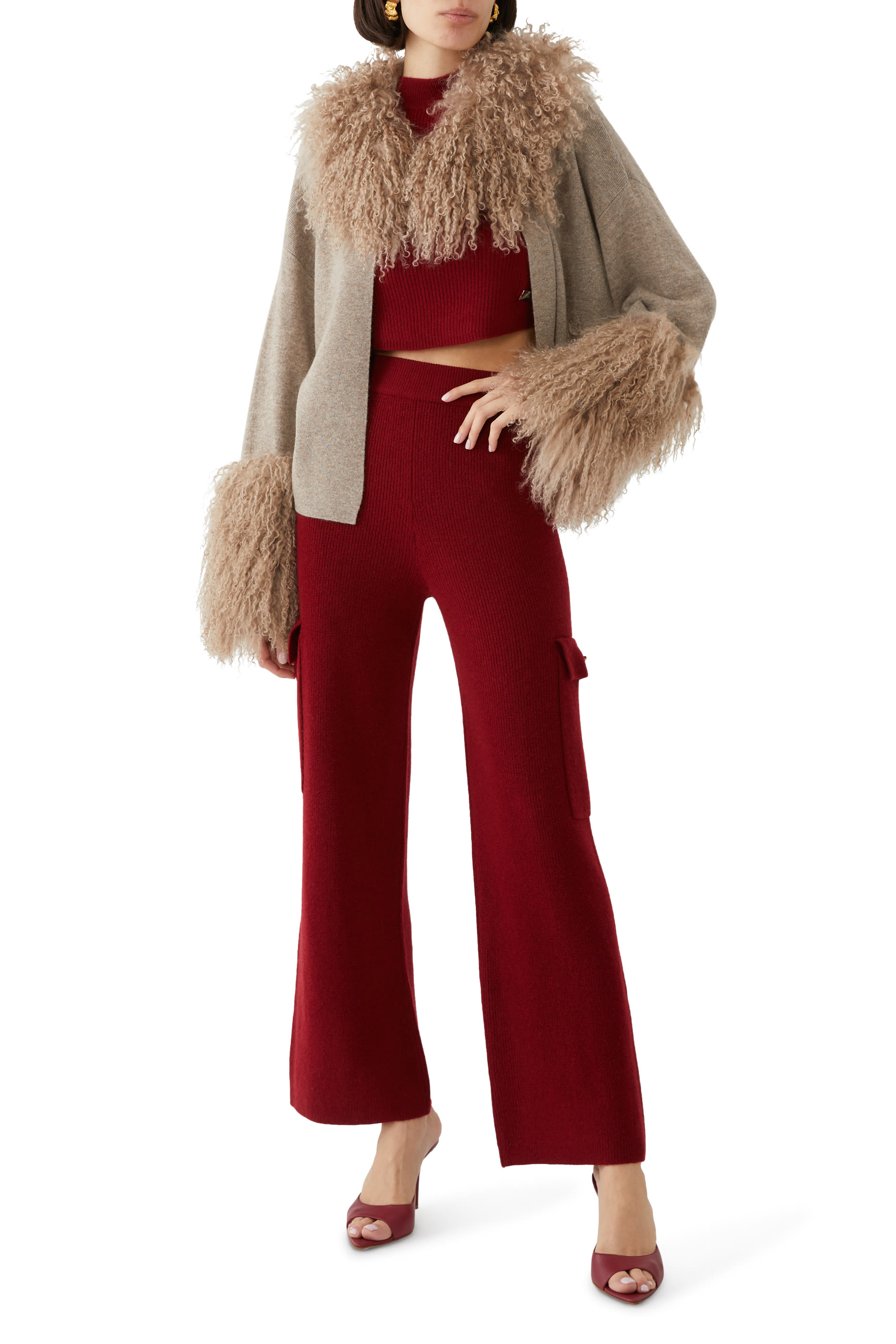 جاكيت بفرو صناعي على الياقة والأساور نسيج بغرزة الضفيرة