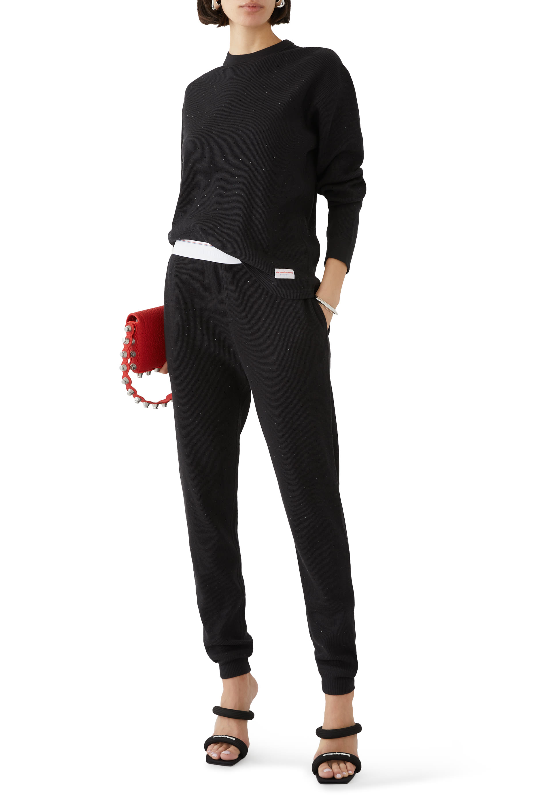 بنطال رياضي مزين  بكريستال هوتفيكس نسيج وافل