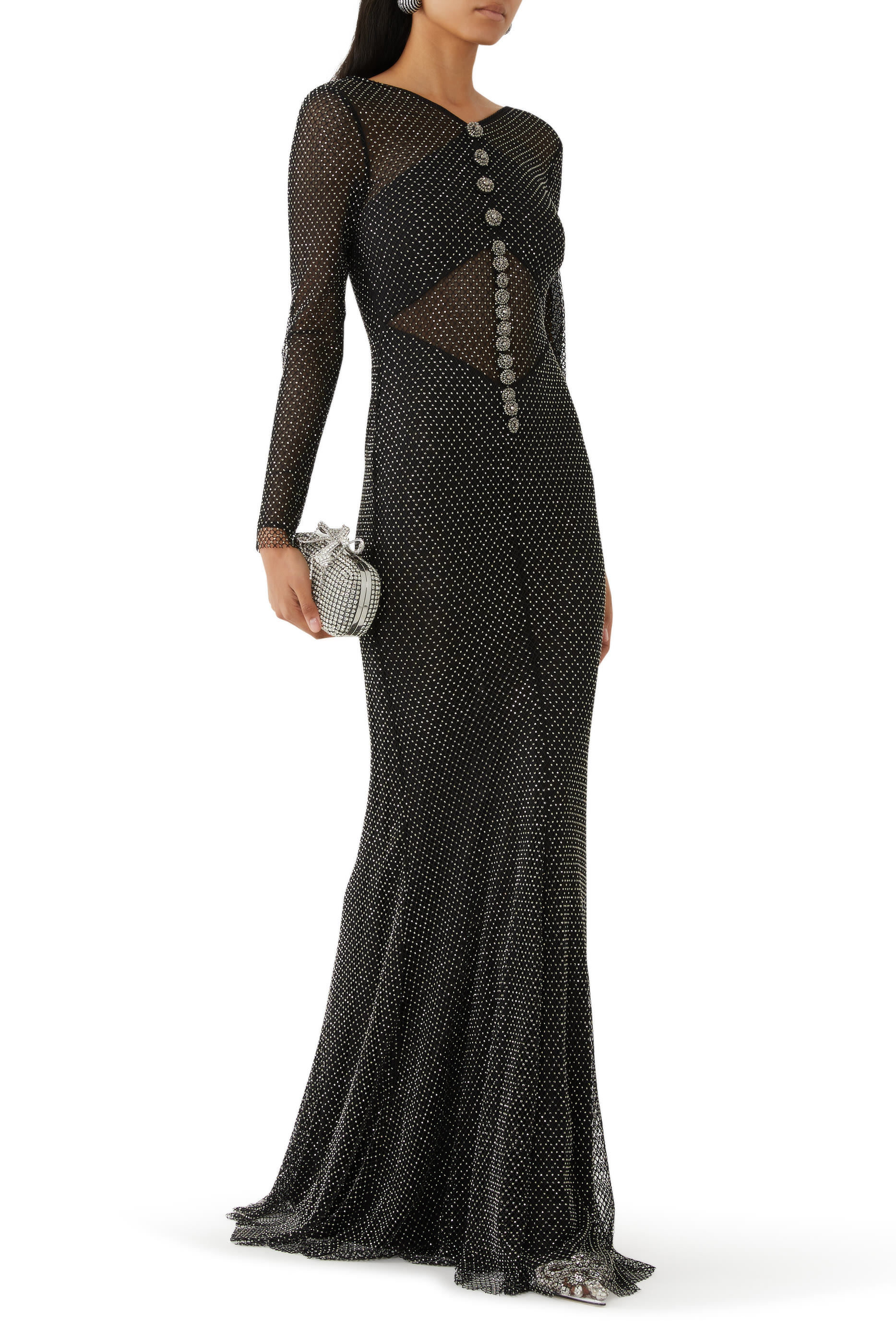 فستان طويل بتصميم متقاطع قماش شبكي مرصع بأحجار الراين