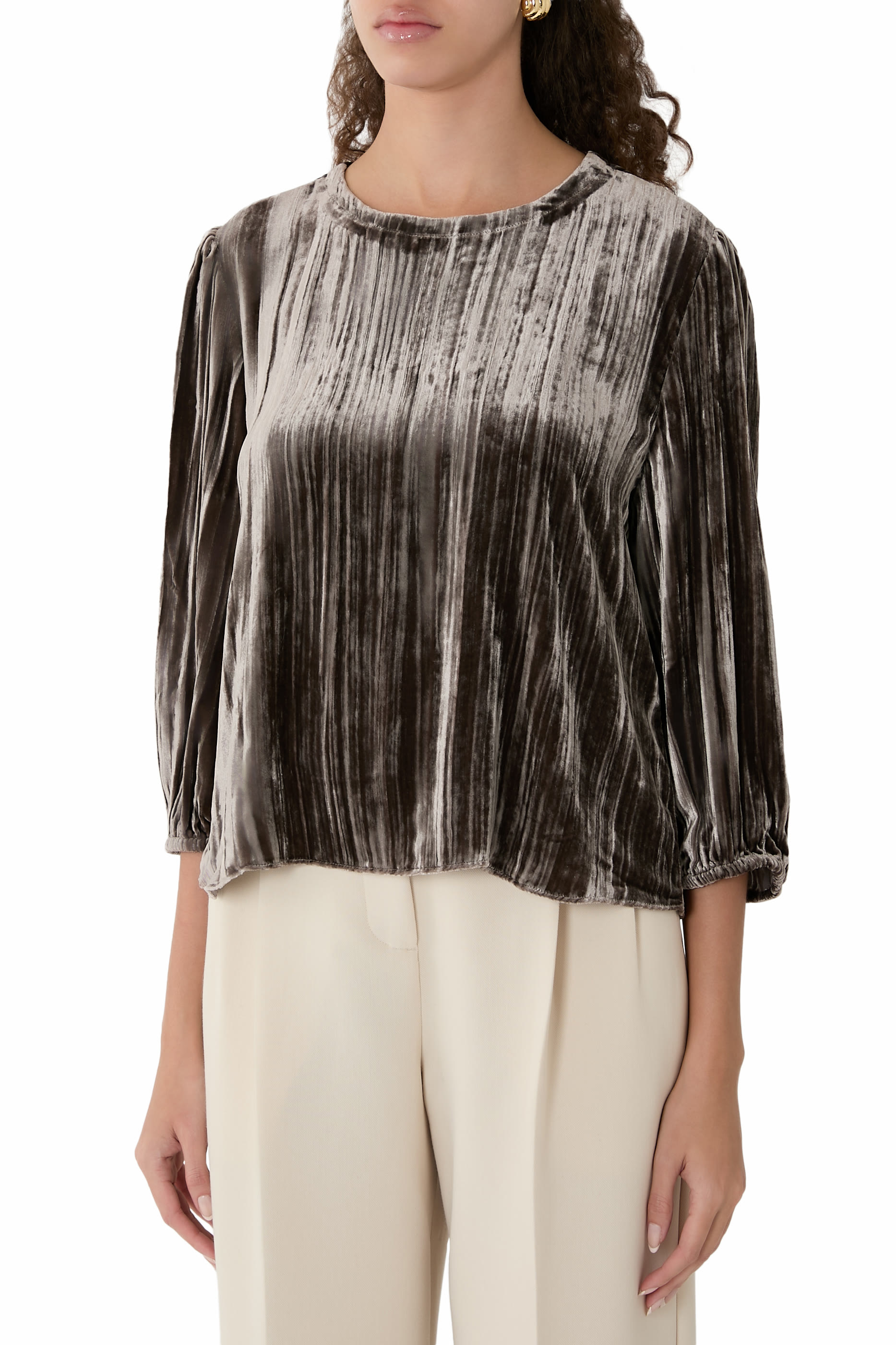 بلوزة بياقة مستديرة مخمل مجعد