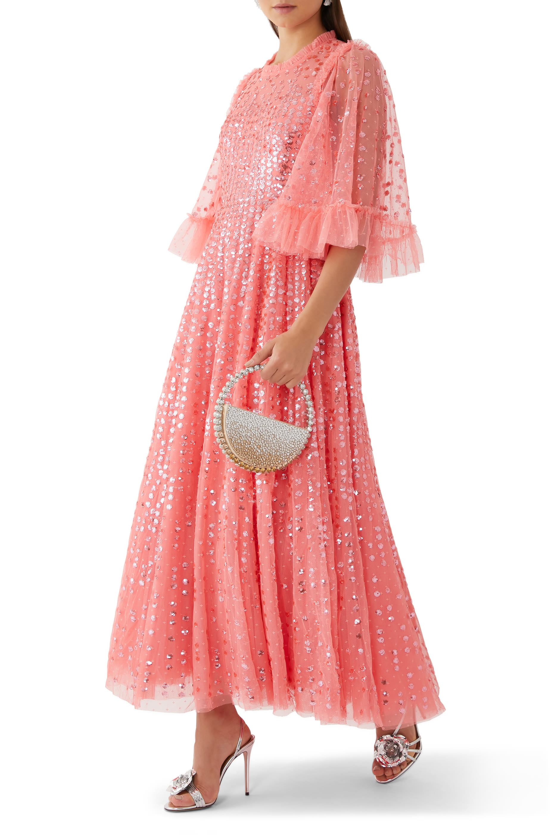 فستان سهرة رين دروب بطول الكاحل بأكمام قصيرة