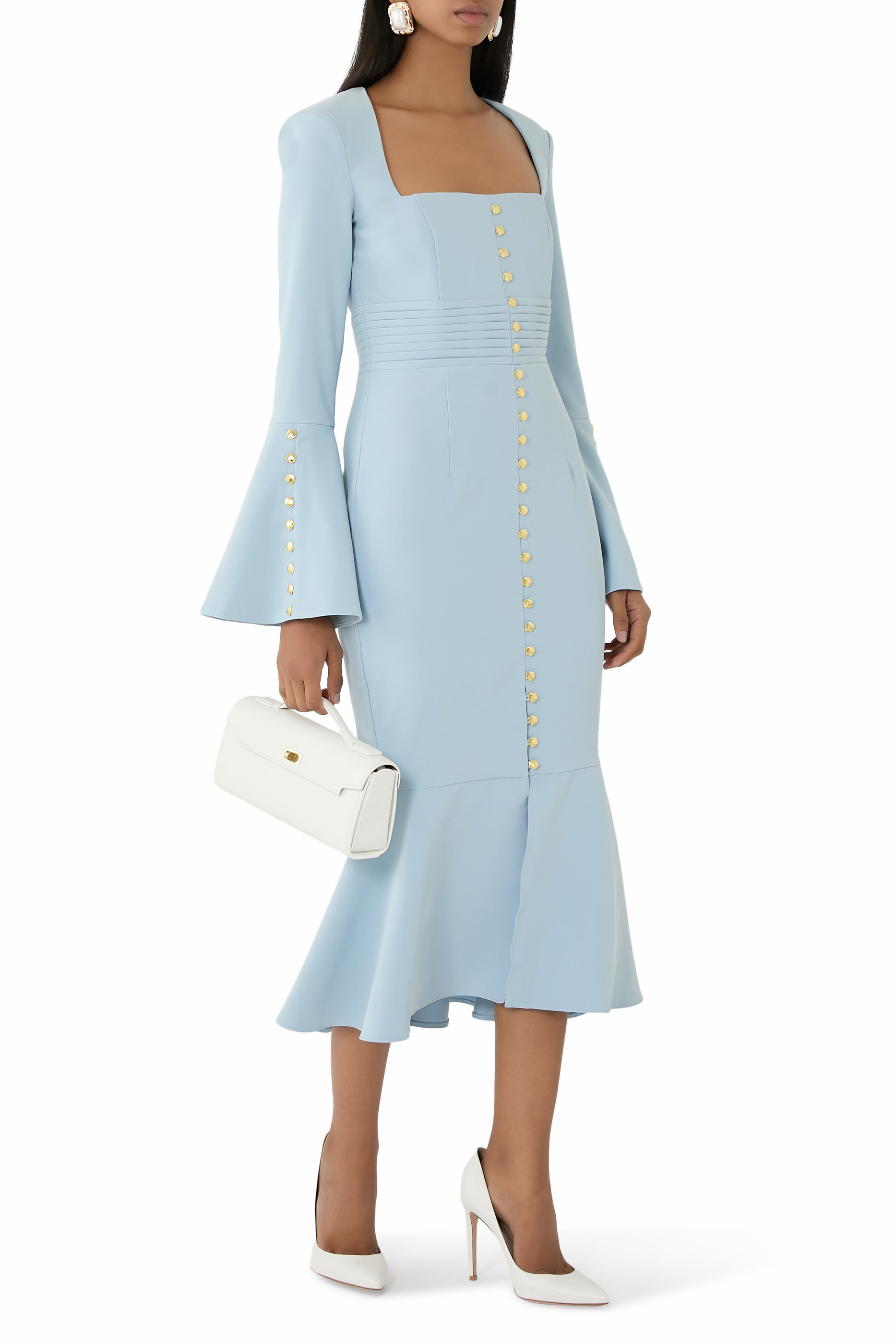 فستان سيرينا متوسط الطول بأكمام واسعة وأزرار مايكرو شيل