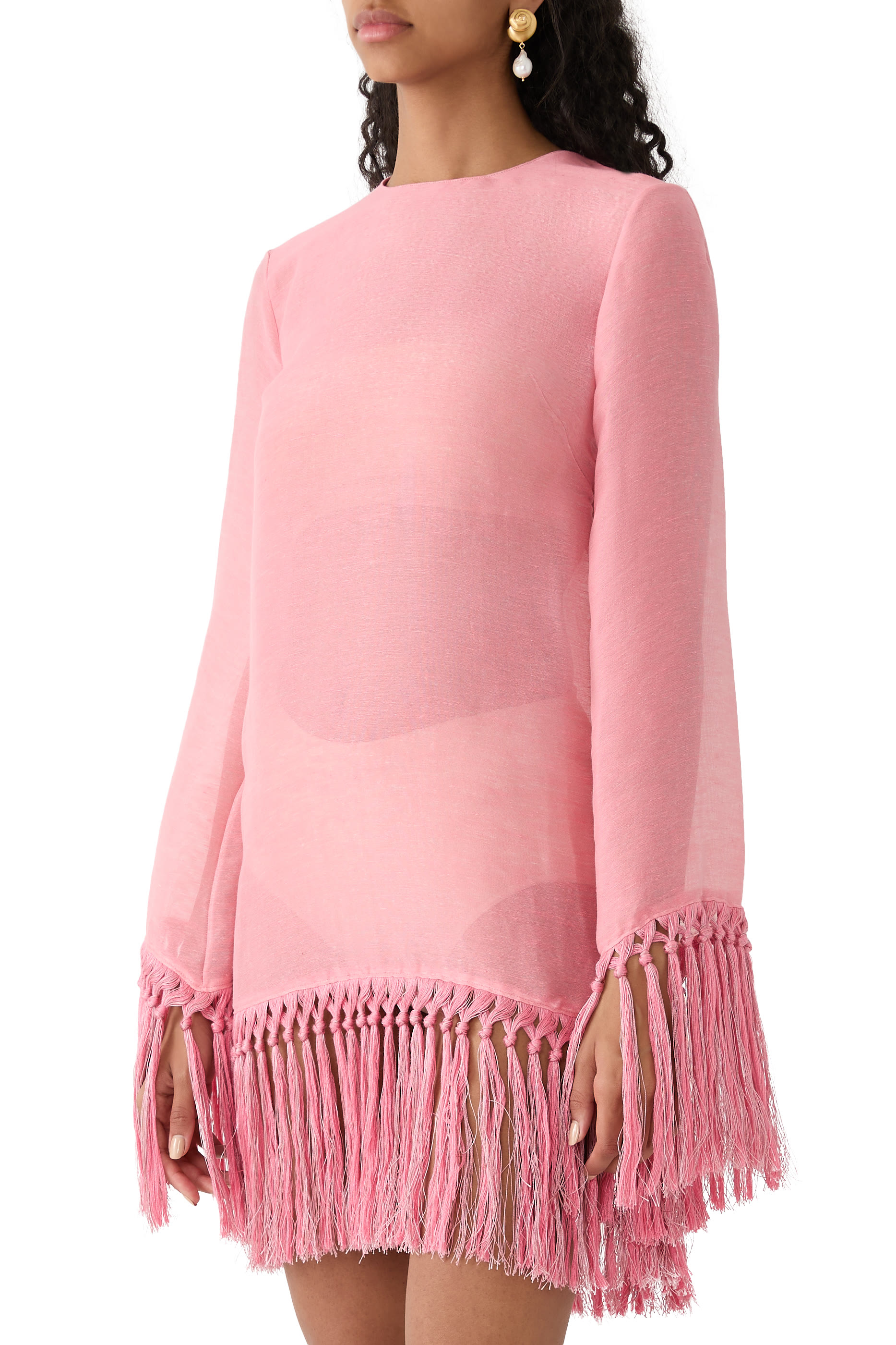 فستان كلوديا قصير مزين بشراشيب مزيج كتان