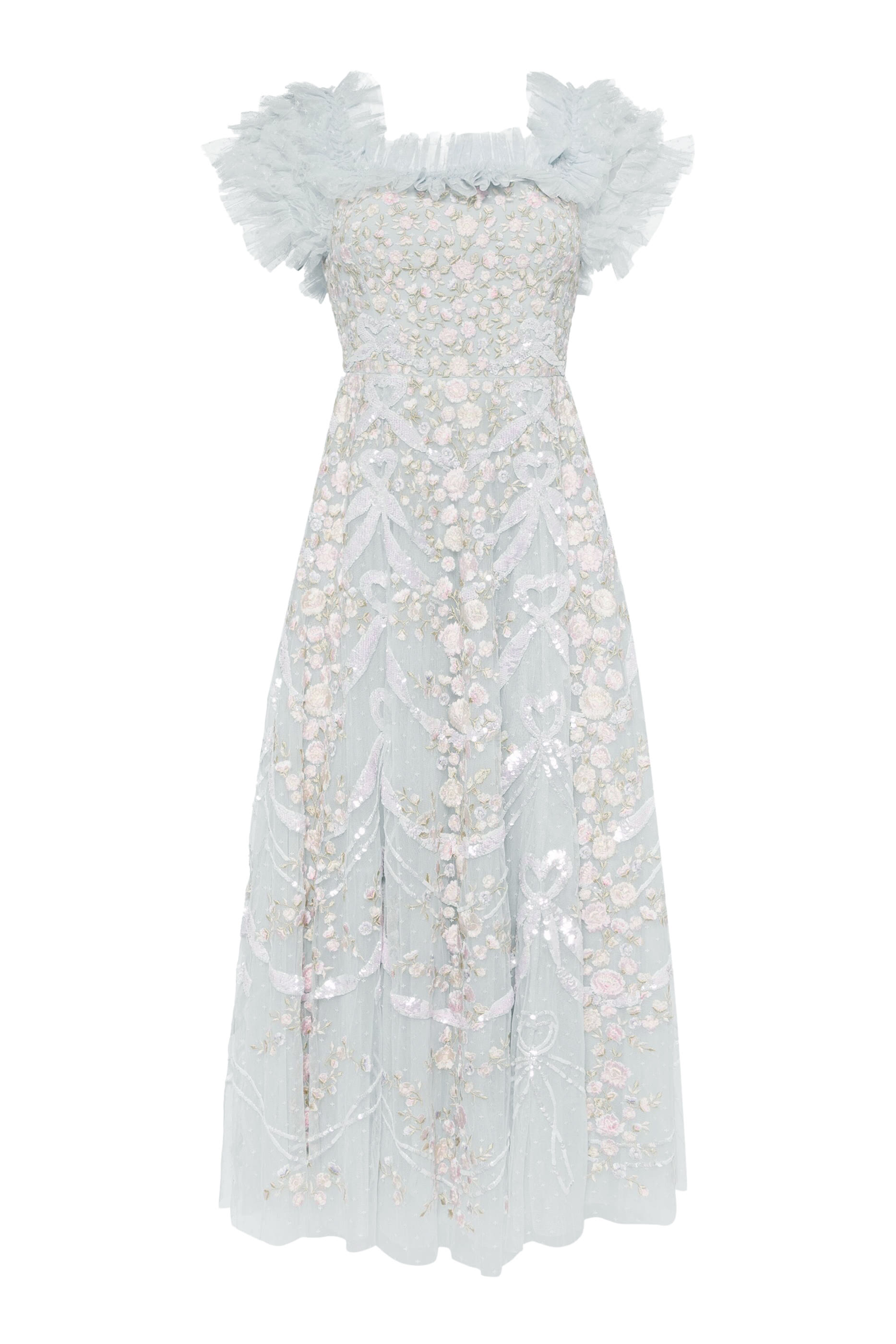 فستان سهرة بطول الكاحل بأكتاف متساقطة وتطريزات بتصميم أربطة وقلب