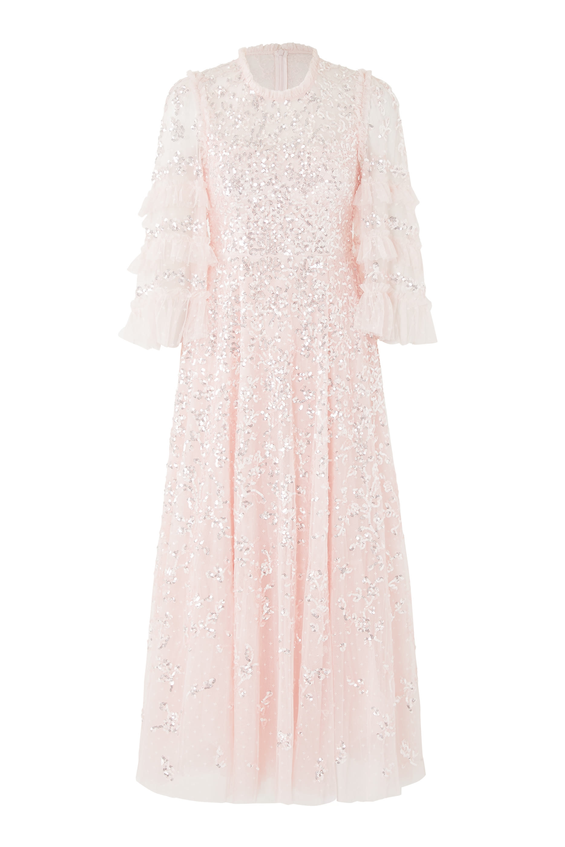 فستان سهرة بطول الكاحل بياقة مستديرة مزين بزهور