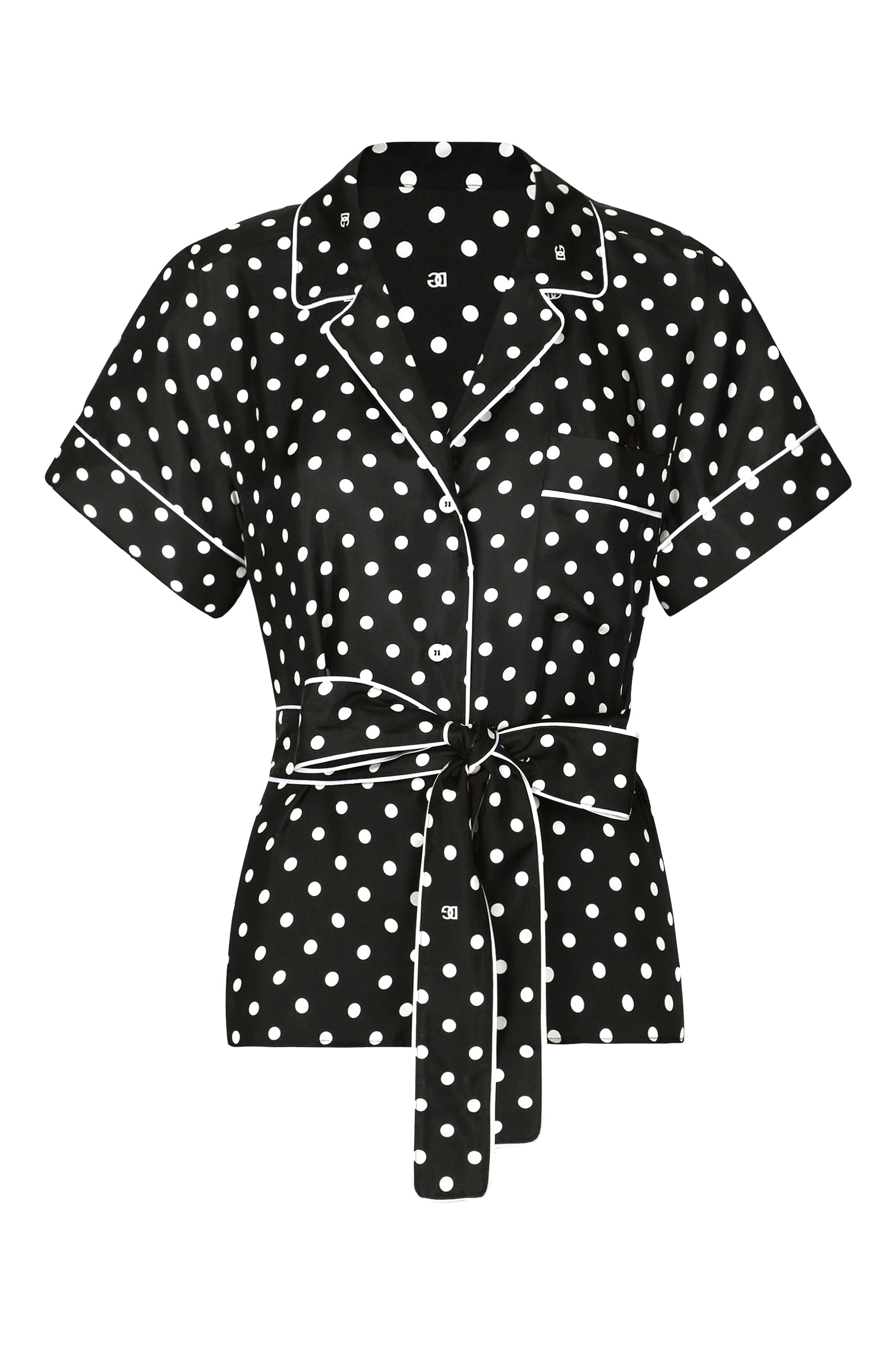 قميص بجاما حرير بأكمام قصيرة وطبعات نقاط